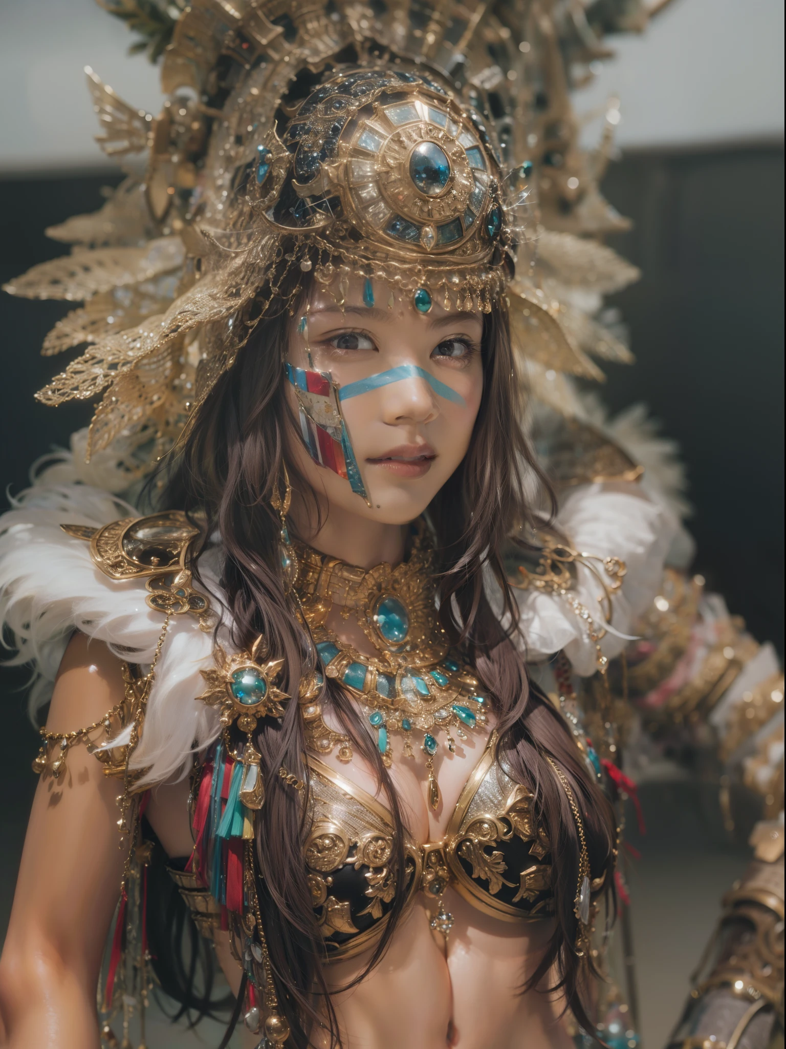 Beautiful woman in insanely complex Amazon warrior costume