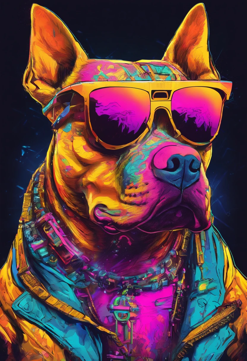 a dog with glasses and a chain around its neck, radiant nebula colors, vfx movie, marvel art, highly photographic render, pitbull, illustration iridescent, heavy metal artwork, his head covered in jewels, similar to the bifrost, conceptart. com, avatar image, genie, love death and robots