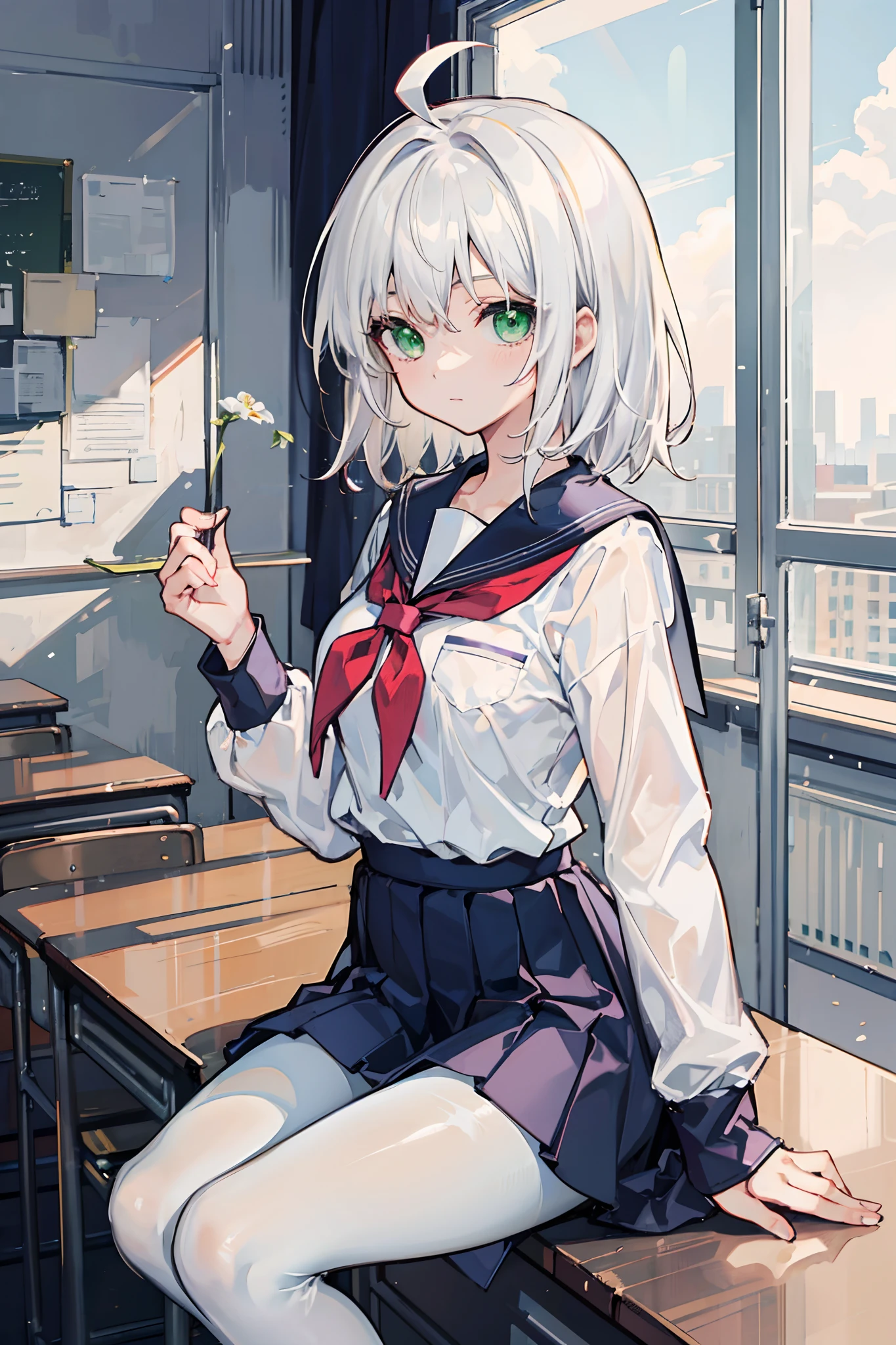Masterpiece,Best quality,a beauty girl,Medium hair, White hair, ahoge, Green eyes, White pantyhose,school uniform