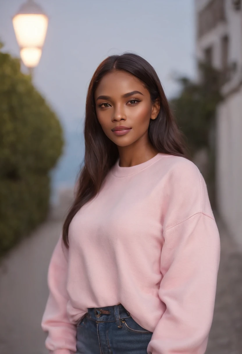 ultra realistic photo, full body, best quality, masterpiece, black woman inspired by Barbie, black skin, beautiful face, wearing jeans: 0.91 and black sweatshirt, realistic smooth skin, ultra realistic skin, pastel neon, night, dynamic lighting, on a street in Rio de Janeiro, (dynamic pose:1.10), (good composition:1.10), (subtle lighting:1.10), (Awarded:1.10), ((breathtaking:1.10:1.35)) , ( πrim-work :1.10), (highly detailed skin:1.2), (filmic grain:0.04), particle effects, __Camera capture_Models/sigma__, NEWS TYPE, speed lines, (perfect handsome young face:1.10) , (Pink :1.10)