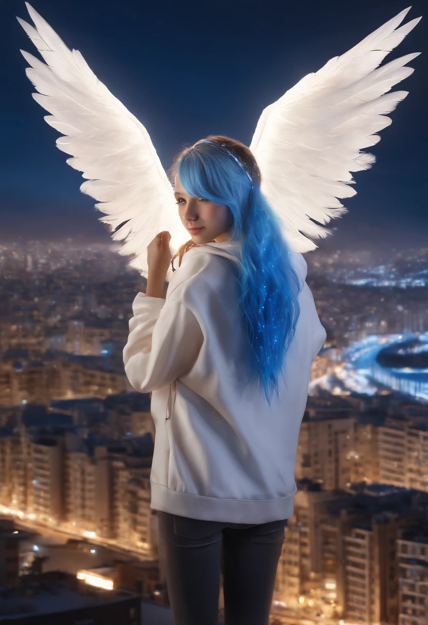 "picture quality: 8K (Highest quality scale: 1.2), Artistic style: Realistic, Photorealistic elements: 1.37, Clarity: Ultra high definition, subject:One girl flying over stunning cityscape ,Hoodie,Blue hair, Neon Color Shooting Star, Very long hair, off shoulders, feathers hair ornament, neon color, flashes, stunning night sky, Teenage girl (16 years old), Notable features: Pleasant smile, Closed mouth, exquisitedetails, Lovely Nose, Composition: Full body, damp hair, context: In the giant Darsepho,, attire: Snow White T-Shirt, Angel wings very detailed