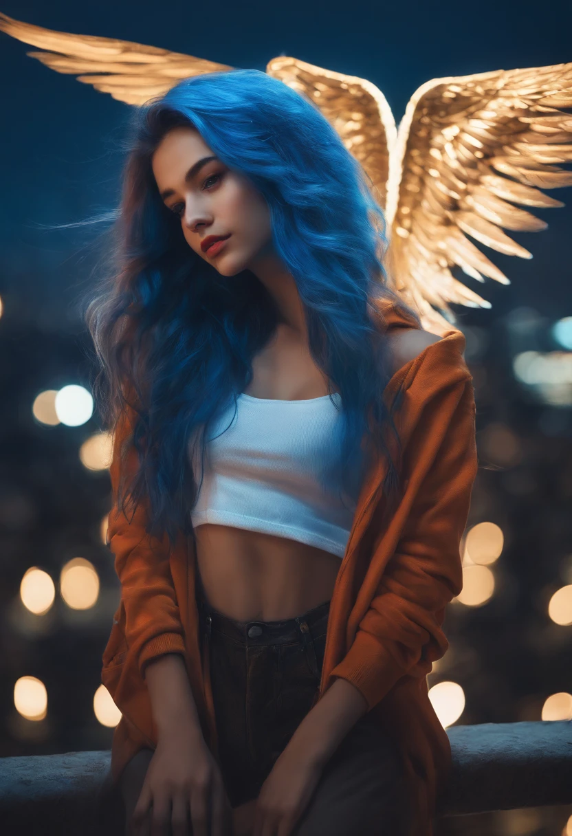"picture quality: 8K (Highest quality scale: 1.2), Artistic style: Realistic, Photorealistic elements: 1.37, Clarity: Ultra high definition, subject:One girl flying over stunning cityscape ,Hoodie,Blue hair, Neon Color Shooting Star, Very long hair, off shoulders, feathers hair ornament, neon color, flashes, stunning night sky, age girl (16 yotable features: Pleasant smile, Closed mouth, exquisitedetails, Lovely Nose, Composition: Full body, damp hair, context: In the giant Darsepho,, attire: Snow White T-Shirt, Angel wings very detailed