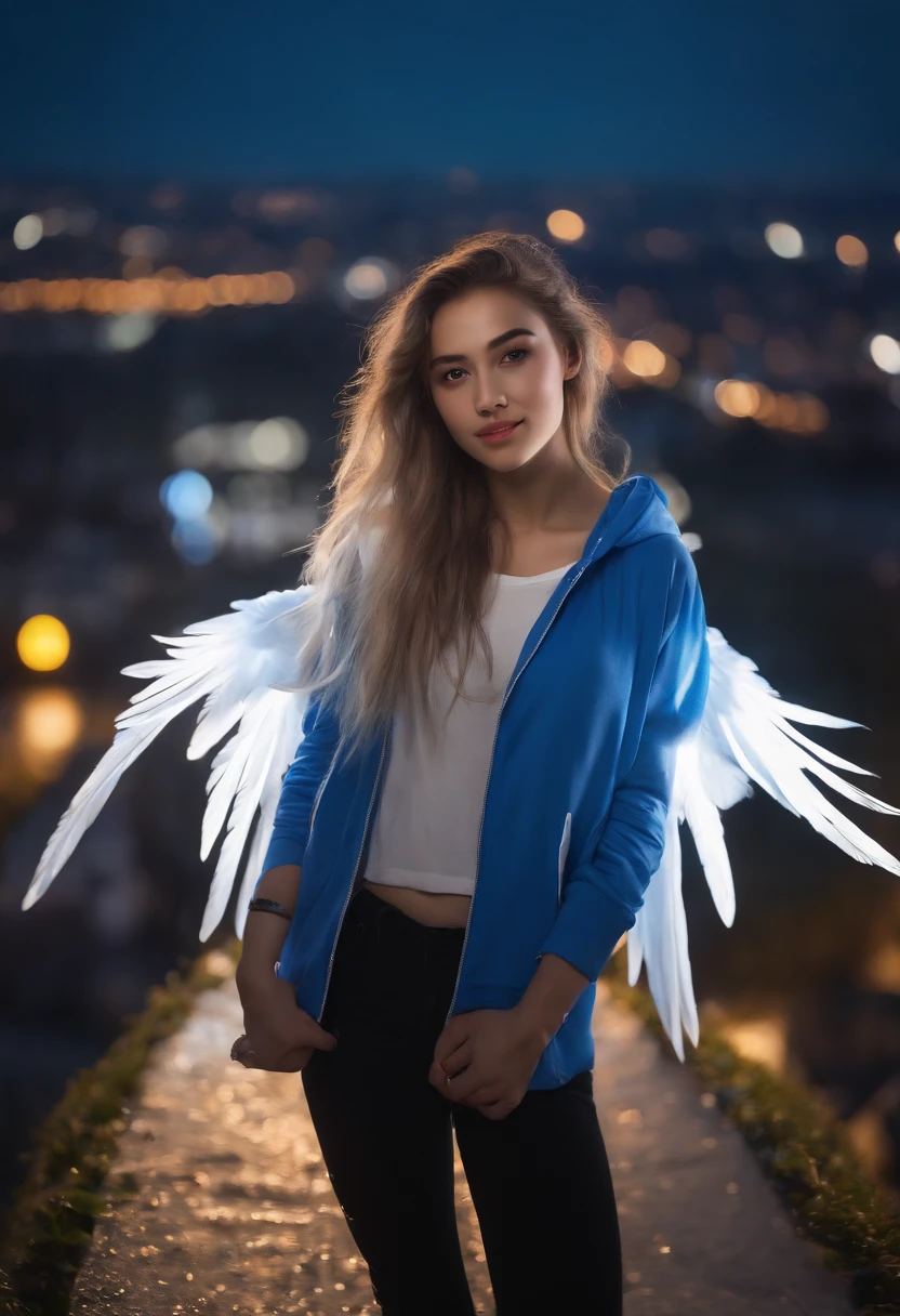 "picture quality: 8K (Highest quality scale: 1.2), Artistic style: Realistic, Photorealistic elements: 1.37, Clarity: Ultra high definition, subject:One girl flying over stunning cityscape ,Hoodie,Blue hair, Neon Color Shooting Star, Very long hair, off shoulders, feathers hair ornament, neon color, flashes, stunning night sky, age girl (16 yotable features: Pleasant smile, Closed mouth, exquisitedetails, Lovely Nose, Composition: Full body, damp hair, context: In the giant Darsepho,, attire: Snow White T-Shirt, Angel wings very detailed