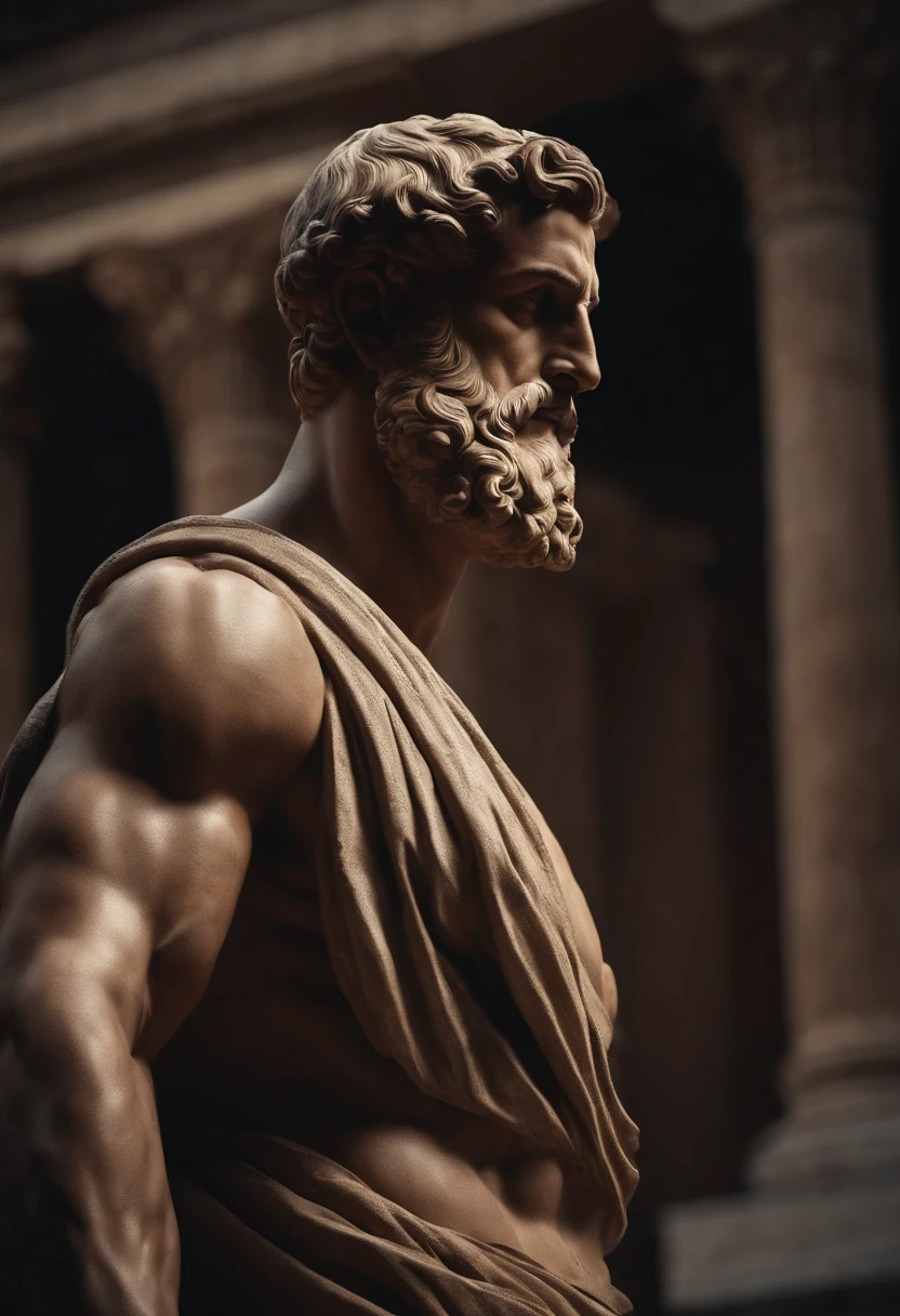 stoic gricki stock
which is historic greek status with
muscles in profile Hercules style
cinematic 8k and dark background