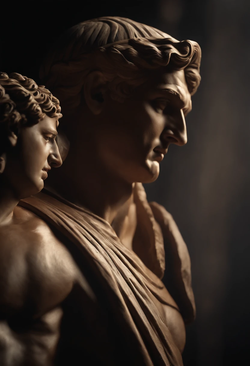 (((Michelangelo's David Sculpture Dancing resembling the exact iconic pose with Another Character the Dancing girl of Mohen jo daro of Indus Civilization))), (((This image has two figures one Muscular handsome male and one Beautiful South indian looking female together Wearing bangles in her left Arm and she also is wearing a Necklace))), (((Female Character is a look alike of Younger Shilpa shetty))), (((Female Character is youthful 20s looking))), Hyper Realistic, (((Cinematic look))), 4k, (((Surrealistic))), (((3d Look))), (((CG Inspired))), (((Artstation Style))), (((Rafael Grassetti Art))), ((Marble Material Feel)), Cracks and Organic, Natural Light, Diffuse light, (((Golden Hour))), (((Dutch Camera shot))), ((Subtle Mist around it)), (((Detailed Face anatomy))), (((Passionate Expression on faces))),