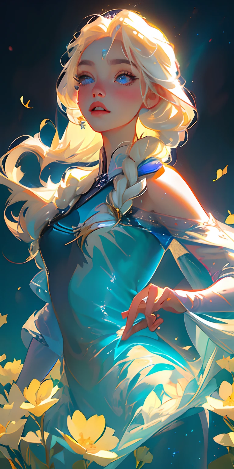 (best quality, masterpiece), 1girl, pose, particle, wind, flower, upper body, simple background, looking at viewer, Elsa from Frozen, blonde, galaxy, perfect eyes
