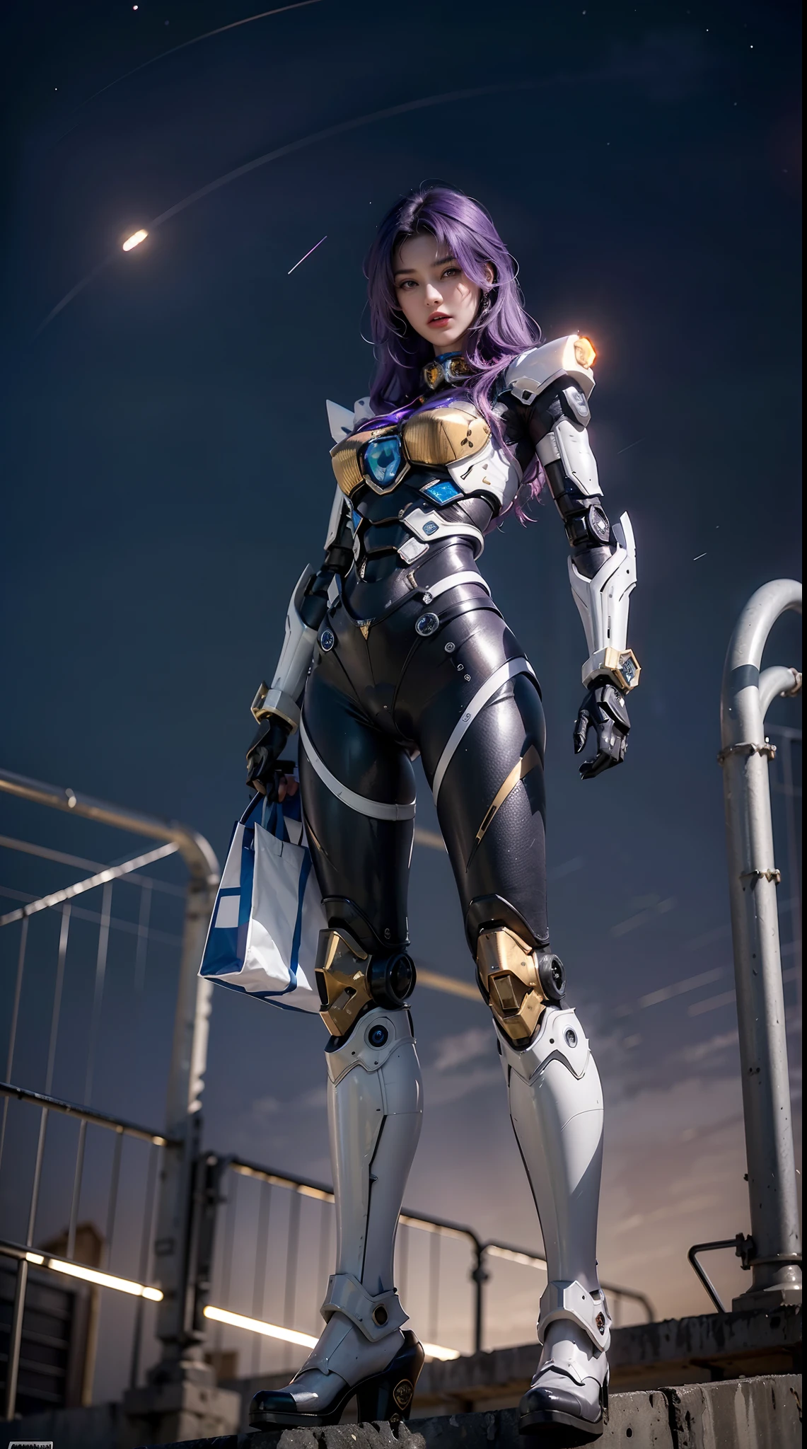 ((Masterpiece, Best quality)), (1girll), (Solo), (female focus), Purple colored hair,Long hair fluttering in the wind,Stunning face,beautidful eyes,The sci-fi city of the future,nighttime scene,The lights of the city are brilliant and colorful,Cable-stayed bridges,Girl standing on top of a load-bearing bridge,Standing against the wind,Put on your mech suit,mecha-girl,Portate"bmw"The logo of the brand,Gold-colored mech,Detailed and complex mecha,Mecha set with diamonds,Brilliant,((Beautiful mechs:1.5)),Model standing,Expose your head,fully body photo