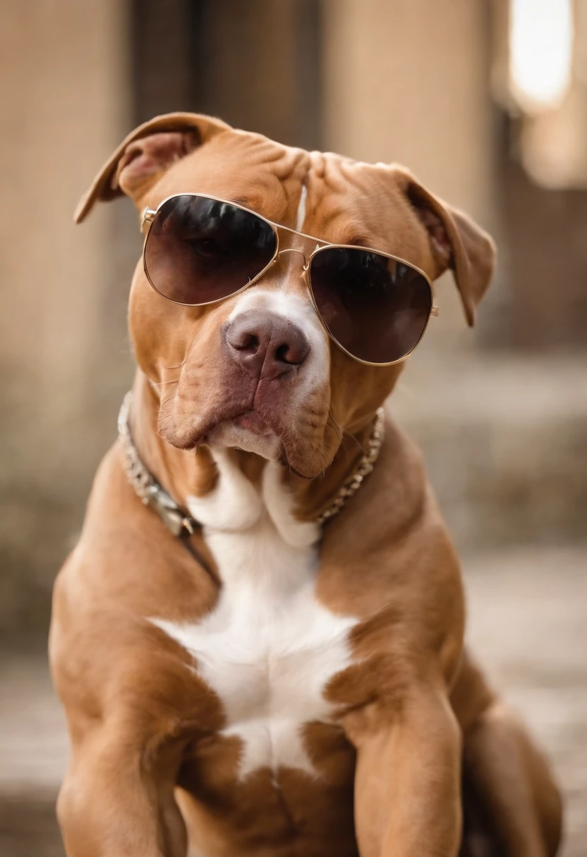 Pitbull dog with sunglasses, corrente de ouro, hat and cigarette