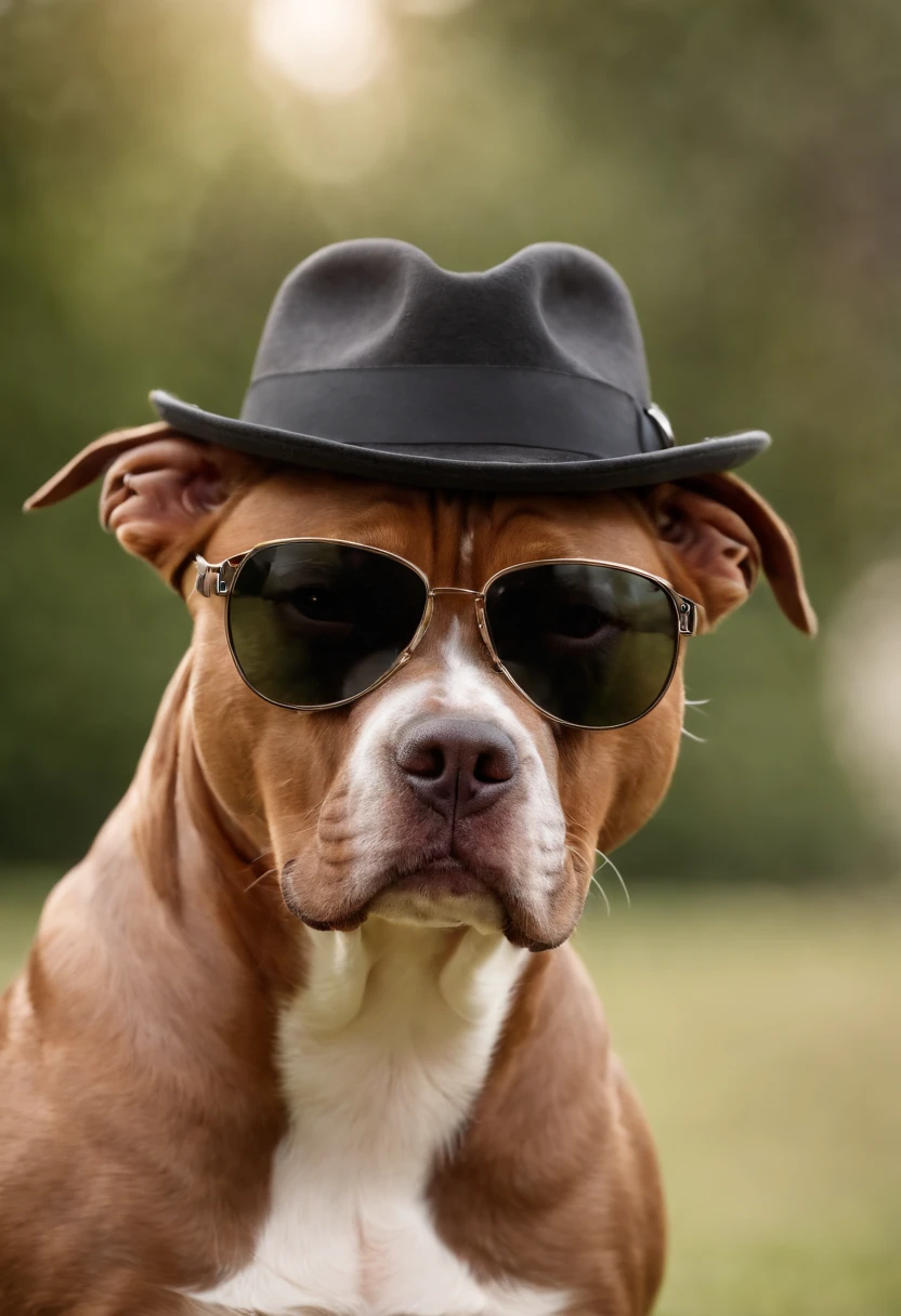 Pitbull dog with sunglasses, corrente de ouro, hat and cigarette
