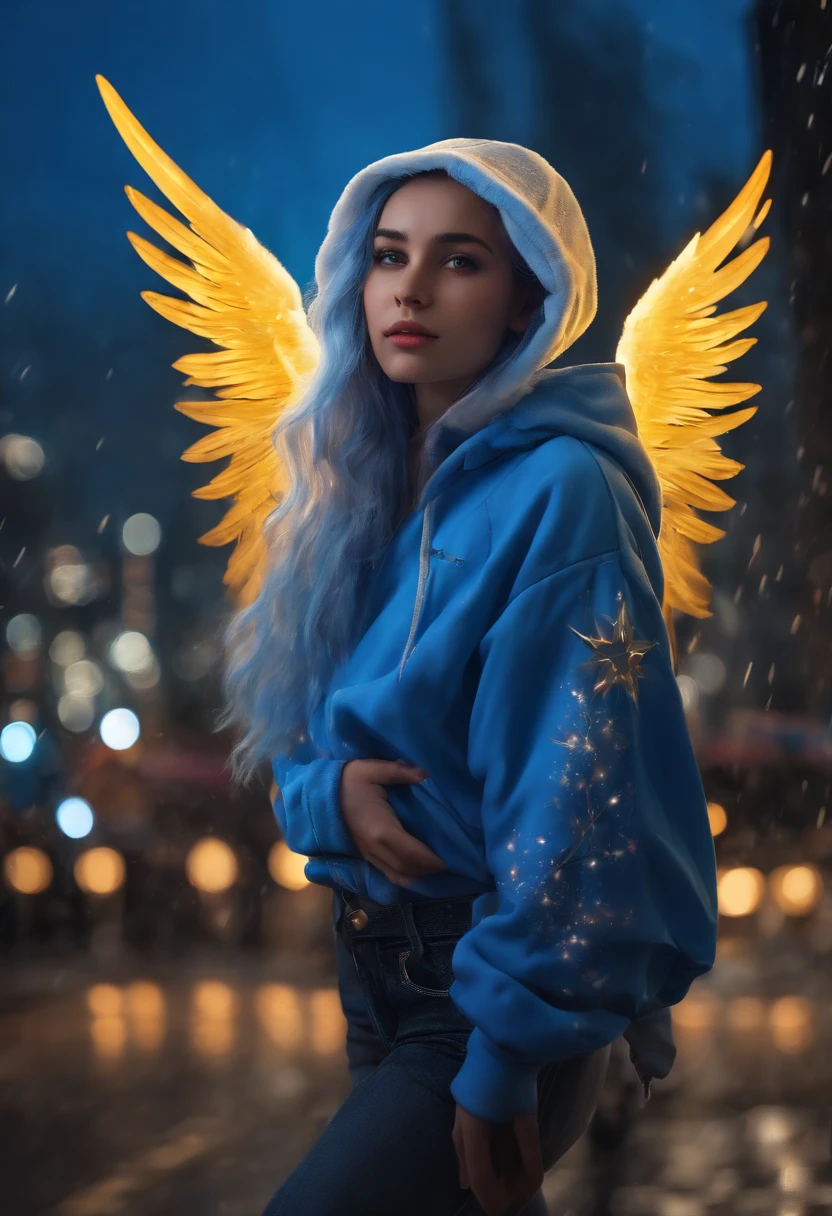 "picture quality: 8K (Highest quality scale: 1.2), Artistic style: Realistic, Photorealistic elements: 1.37, Clarity: Ultra high definition, subject:One girl flying over a stunning cityscape ,Hoodie,Blue hair, Neon Color Shooting Star, Very long hair, off shoulders, feathers hair ornament, neon color, flashes, stunning night sky, Teenage girl (16 years old), Notable features: Pleasant smile, Closed mouth, exquisitedetails, Lovely Nose, Composition: Full body, damp hair, context: In the giant Darsepho,, attire: Snow White T-Shirt, Angel wings very detailed