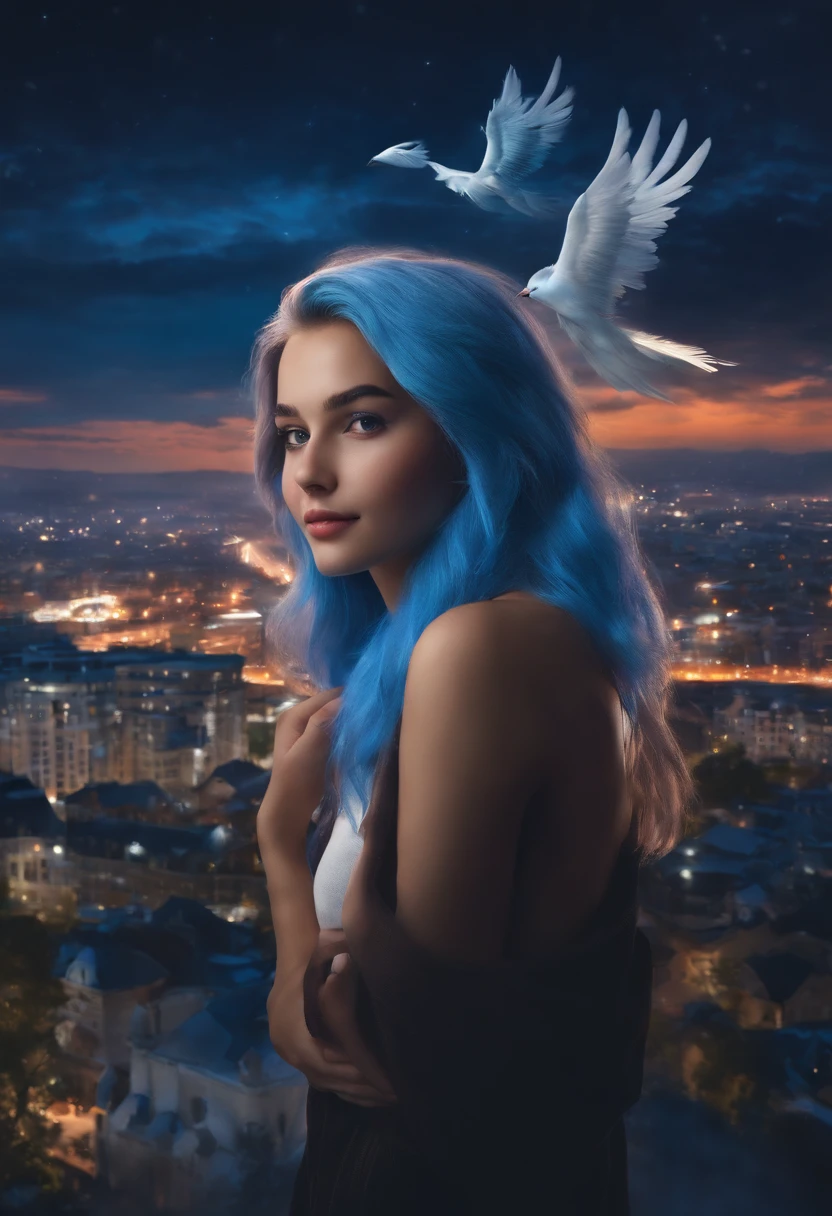 "picture quality: 8K (Highest quality scale: 1.2), Artistic style: Realistic, Photorealistic elements: 1.37, Clarity: Ultra high definition, subject:One girl flying over a stunning cityscape ,Hoodie,Blue hair, Neon Color Shooting Star, Very long hair, off shoulders, feathers hair ornament, neon color, flashes, stunning night sky, age girl (16 yotable features: Pleasant smile, Closed mouth, exquisitedetails, Lovely Nose, Composition: Full body, damp hair, context: In the giant Darsepho,, attire: Snow White T-Shirt, Angel wings very detailed
