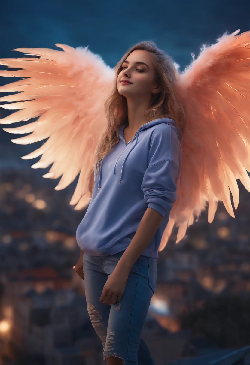 "picture quality: 8K (Highest quality scale: 1.2), Artistic style: Realistic, Photorealistic elements: 1.37, Clarity: Ultra high definition, subject:One girl flying over a stunning cityscape ,Hoodie,Blue hair, Neon Color Shooting Star, Very long hair, off shoulders, feathers hair ornament, neon color, flashes, stunning night sky, Teenage girl (16 years old), Notable features: Pleasant smile, Closed mouth, exquisitedetails, Lovely Nose, Composition: Full body, damp hair, context: In the giant Darsepho,, attire: Snow White T-Shirt, Angel wings very detailed