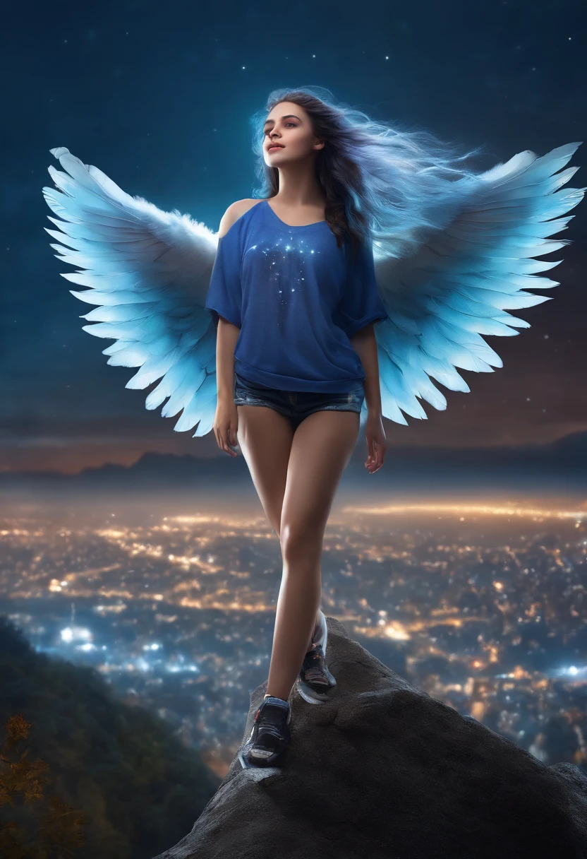 "picture quality: 8K (Highest quality scale: 1.2), Artistic style: Realistic, Photorealistic elements: 1.37, Clarity: Ultra high definition, subject:One girl flying over a stunning cityscape ,Hoodie,Blue hair, Neon Color Shooting Star, Very long hair, off shoulders, feathers hair ornament, neon color, flashes, stunning night sky, Teenage girl (16 years old), Notable features: Pleasant smile, Closed mouth, exquisitedetails, Lovely Nose, Composition: Full body, damp hair, context: In the giant Darsepho,, attire: Snow White T-Shirt, Angel wings very detailed
