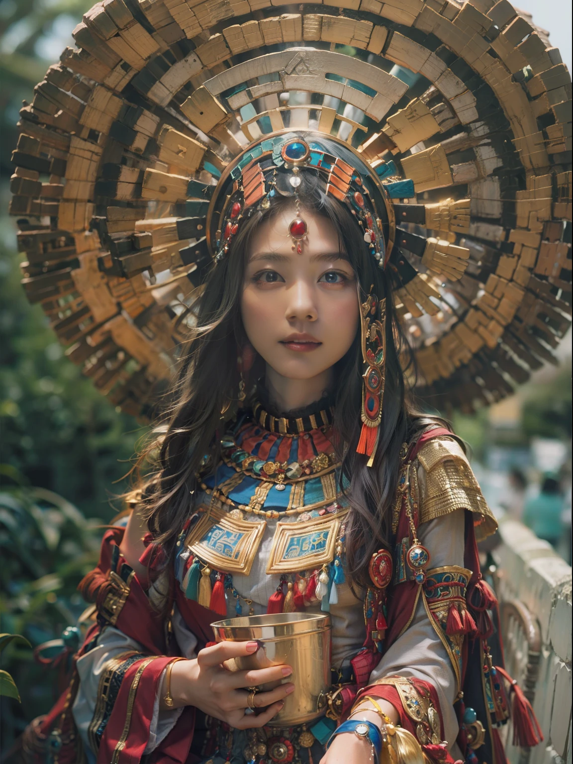 Beautiful woman in insanely complicated Mayan shaman costume