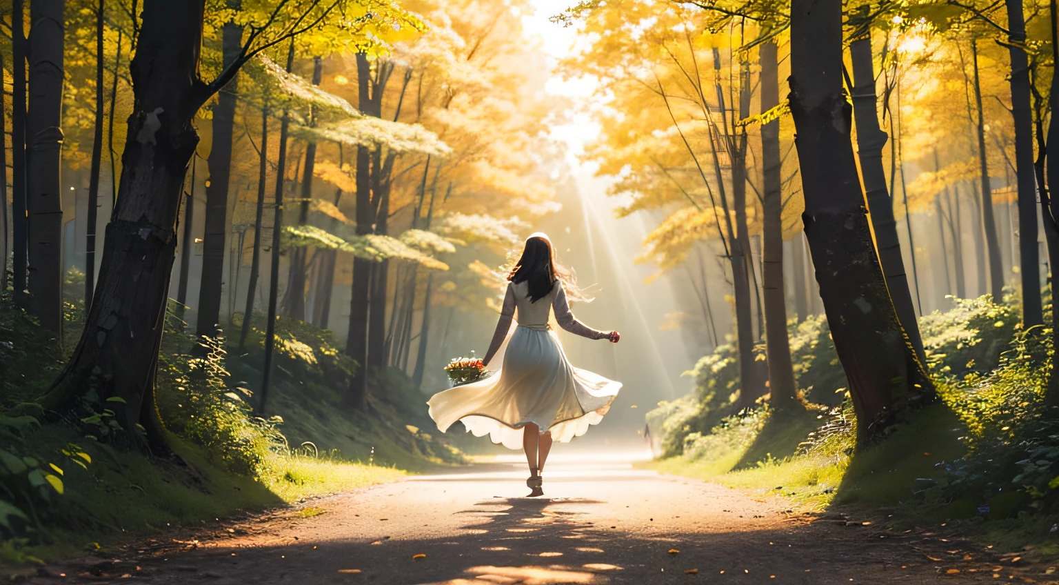 Create a high-definition image that depicts a young woman walking in nature during a radiant day. The sun shines brightly in the sky, creating a play of light and shadows on the trees and flowers that surround the path. The young woman is immersed in the scene, emanating a sense of serenity and connection to the natural environment around you. Cada detalhe, from the leaves swaying gently to the sun's rays dancing through the branches, must be captured accurately. The image should convey a sense of peace, freedom and admiration for natural beauty