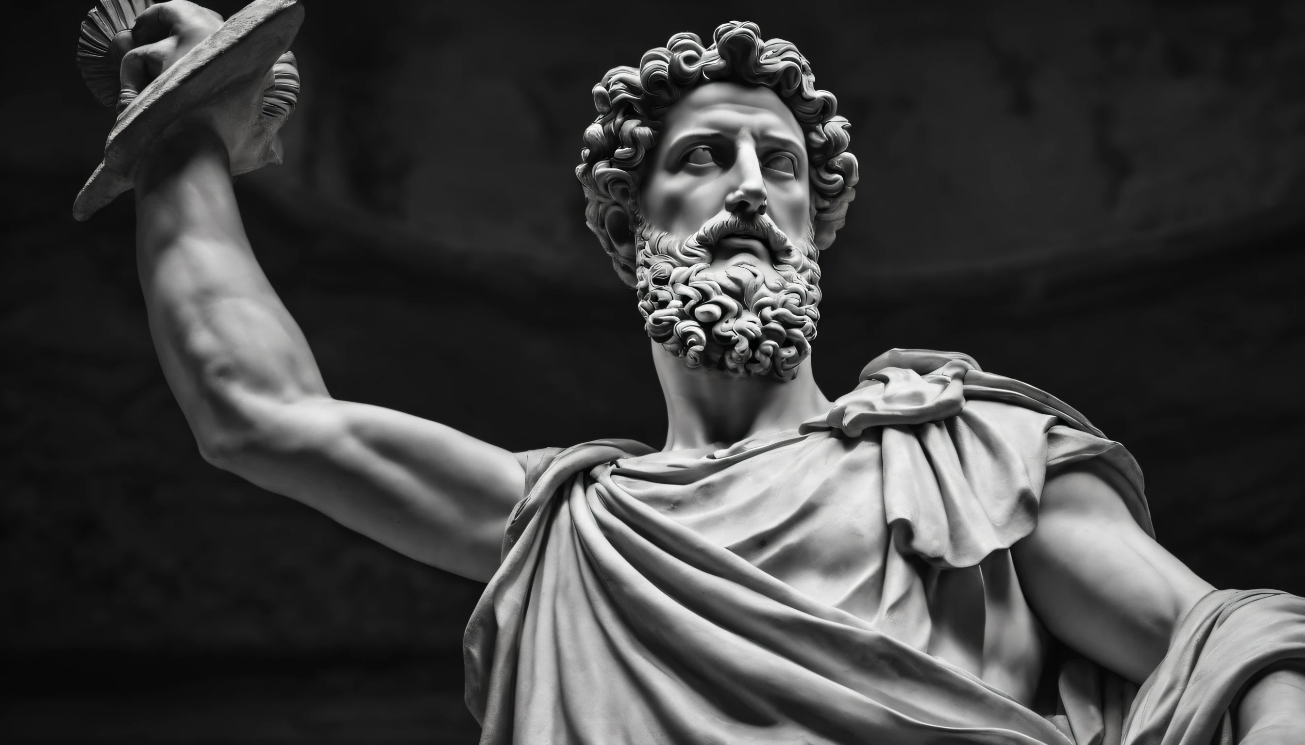 a portrait statue of the stoic Marcus Aurelius in black and white 4K,Face de lado, papel de parede super realista, Corpo, forte, barriga forte, musculoso