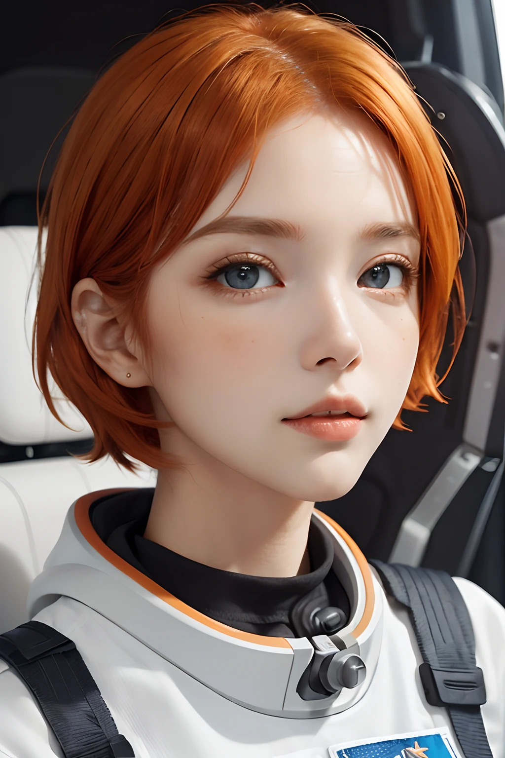 (master part), best quality, olhos expressivos, rosto perfeito, astronauta, menina orange hair, olhos azuis