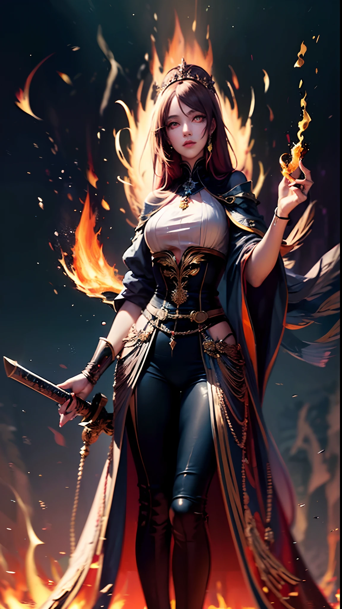 digital art, full body, masterpiece, best quality, in the center of the frame, 1woman holding a sword, empress, imposing pose, fire horns, ((casting a fire spell)), detailed face, super detailed glowing red eyes, ((glowin eyes:1.8)), long flowing red hair, detailed hair, well lit, illuminated environment, solo, (((looking at viewer:1.5))), long ceremonial costume, (((surrounding flames:1.3))), 8K.