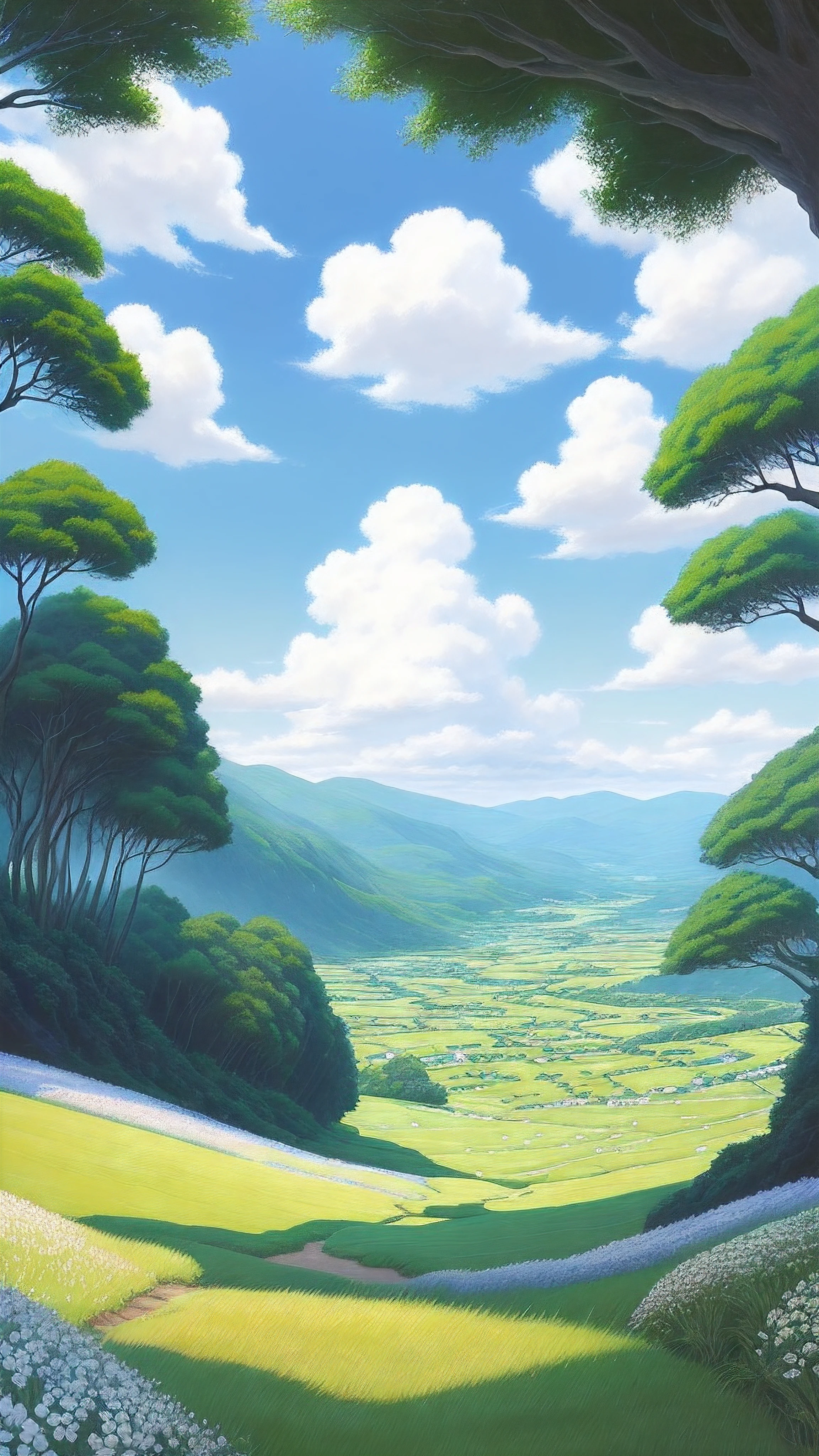 Realistic, authentic, beautiful and amazing landscape oil painting Studio Ghibli Hayao Miyazaki's petal grassland with blue sky and white clouds --v6