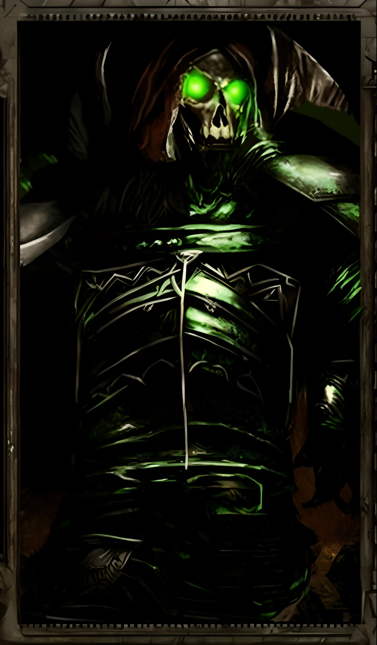 skull person with a green glowing eyes, green plate armor, skull face, evil necromancer, the lord of pestilence, portrait of an necromancer, wearing green battle armor, metallic green armor and cape,