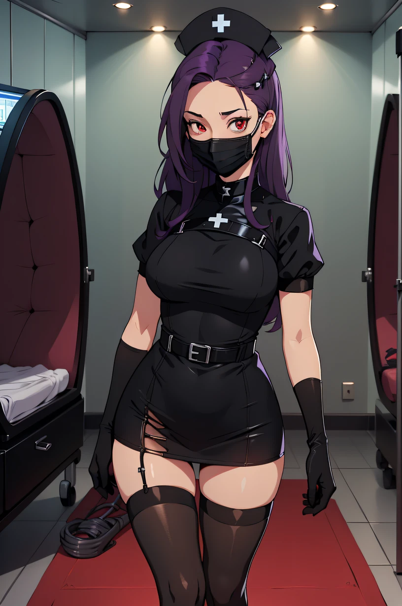 black nurse, 1woman, black nurse cap, black wear, ((black legwear, zettai ryouiki)), black elbow gloves, long hair, purple hair, red eyes, ((black surgical mask, covered nose)), standing, ((surgery room)), sharp outline, short sleeves, mature female, 35 years old, best quality, masterpiece