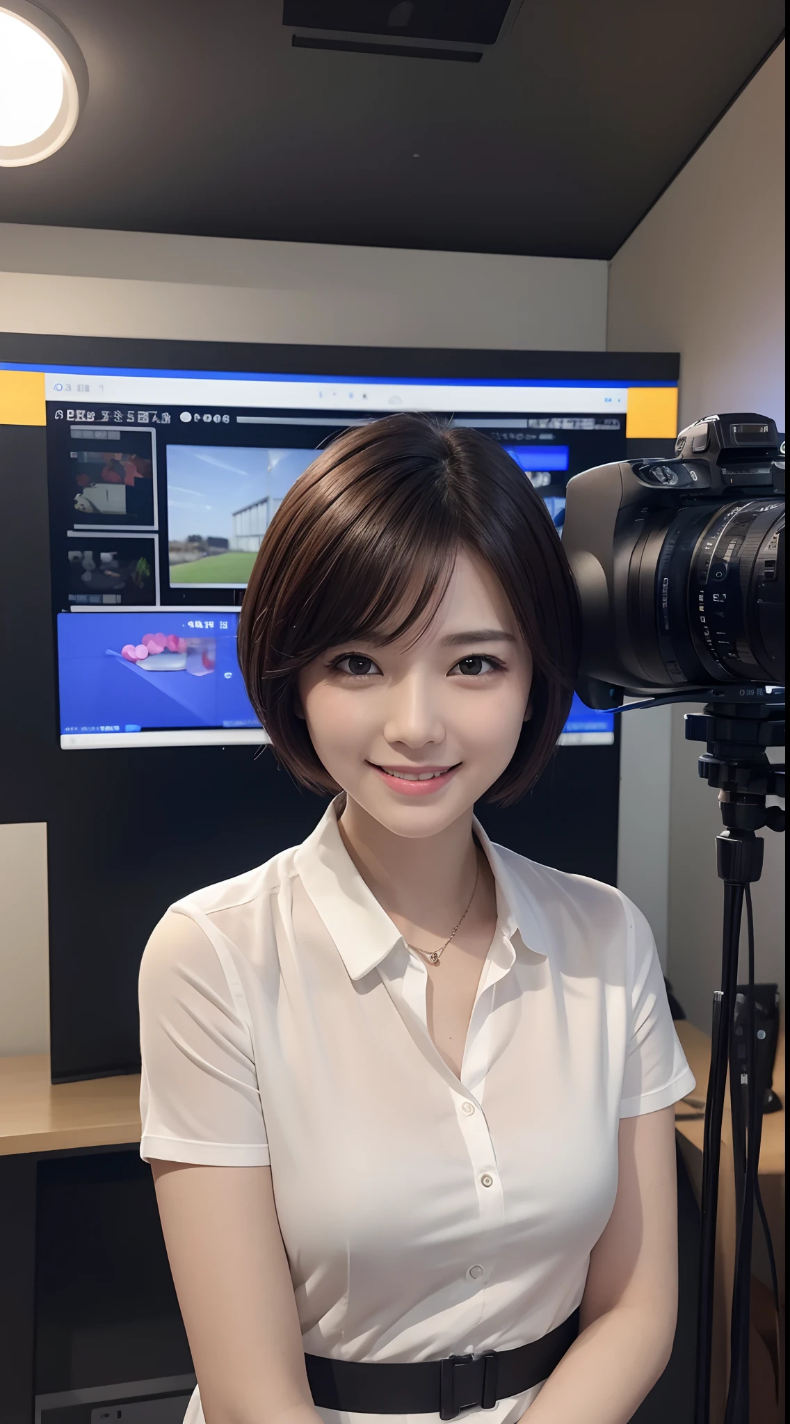 4K、Raw photo、Photoreal Stick、hight resolution , 20 years old、short cut hair、announcer、Looking at the camera、News Studio、a smile、