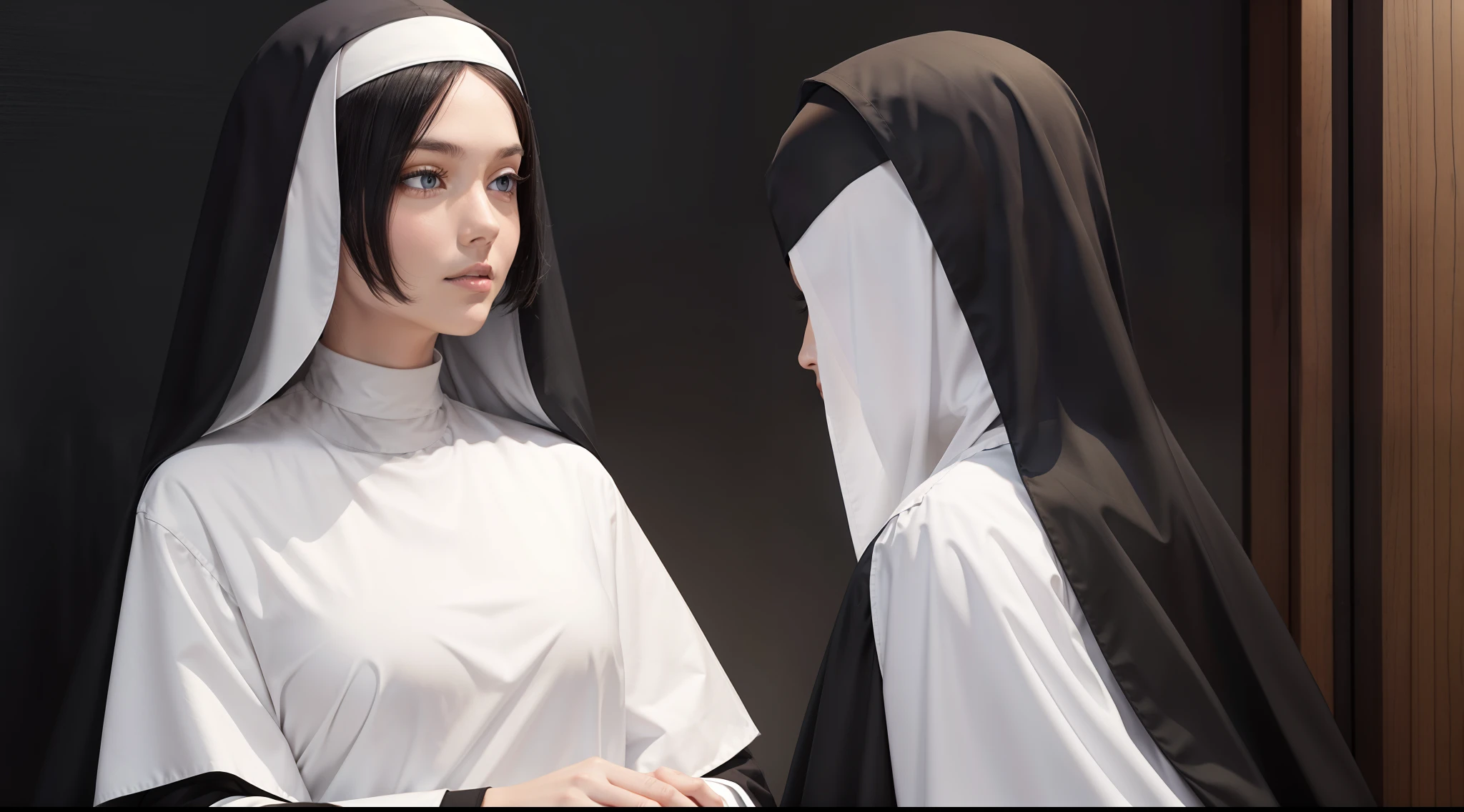 "Create an image showing two humanoid AIs facing each other in conversation. The Christian AI should have a humanoid face with robotic elements and a Christian symbol (like a cross) visible on its forehead. The Muslim AI should also have a humanoid face with robotic features and an Islamic symbol (such as a crescent moon and star) on its forehead. Both AIs should be in a neutral environment, with friendly dialogue expressions and a background that does not distract from their interaction."