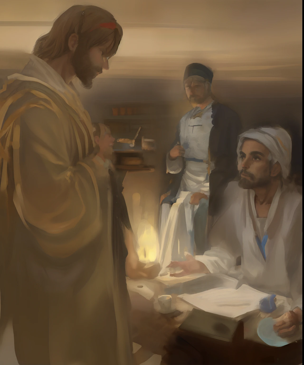 Jesus is sitting at a table with a group of people, Nicodemos, Directed by: Bernard Meninsky, Directed by: Domenico Zampieri, bible illustration, Directed by: Nelson Alexander Ross, Directed by: Heinrich Lefler, beautiful depiction, Directed by: Sidney Simon, look what you have done, biblical image, Directed by: Marcello Bacciarelli, ele tem um tesouro com ele, Directed by: John Steell