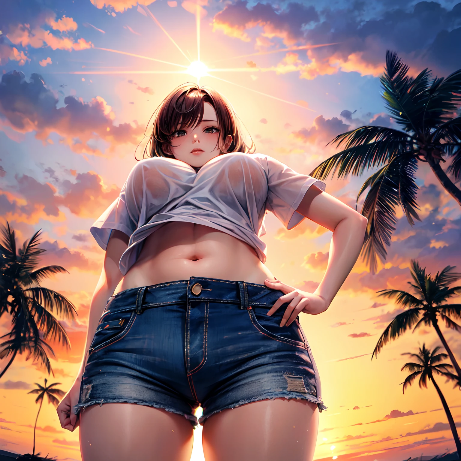 (Shoot from below:1.5), Rear Angle, (From below :1.4), (Crotch focus:1.2), (low angles:1.2), BREAK, top-quality, masterpiece, Photonic style, high-detail, 16k picture quality, Looking Back Beautiful Girls, Depicts the whole body, Standing backwards, plump big breasts, Constricted waist, white short sleeves T-shirt, Sheer , Denim shorts, Navel Ejection, Crimson sky, Madder clouds, Dazzling sunset light, suns, Orange Sea, sand beach, Splash,