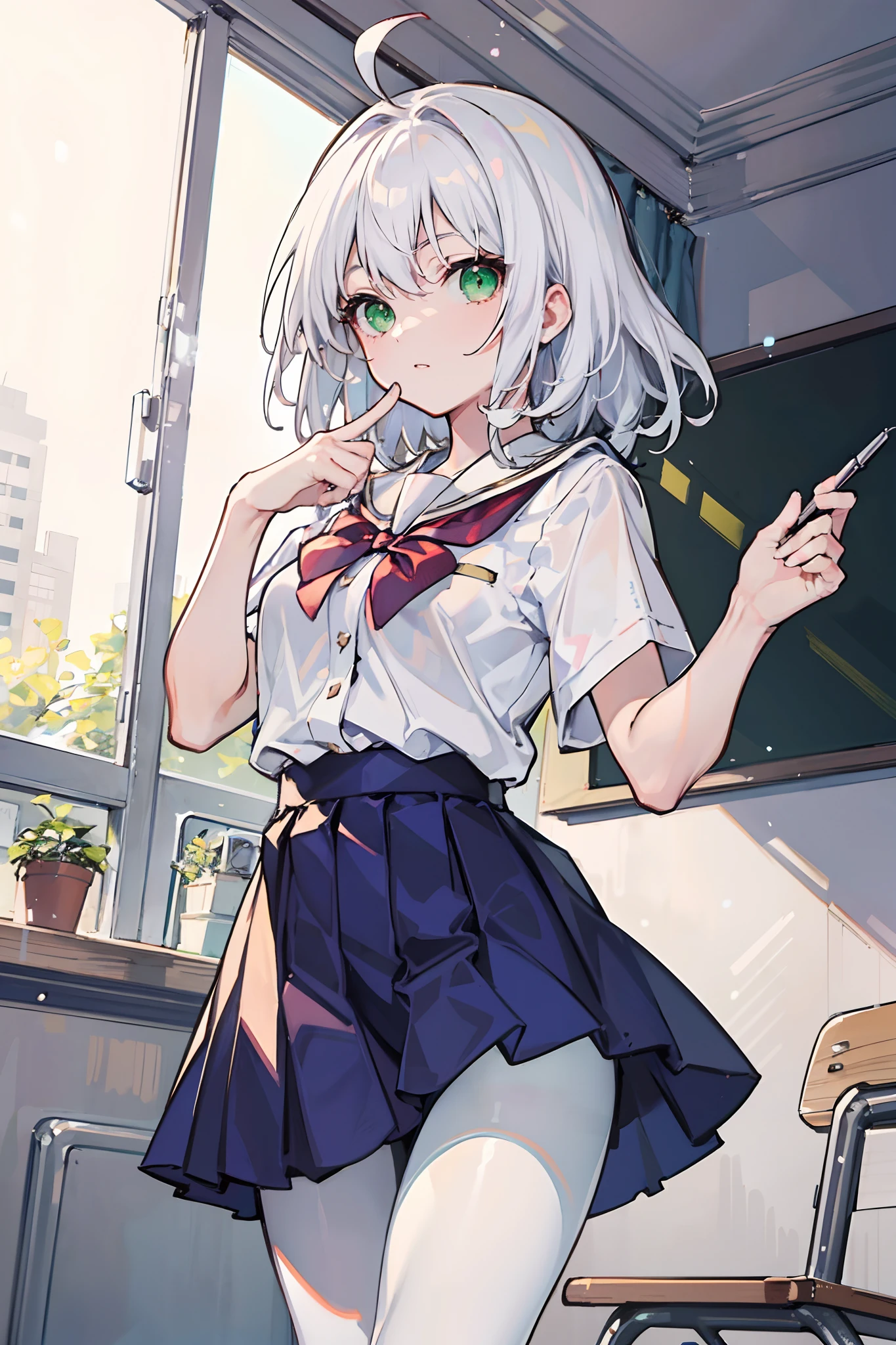 Masterpiece,Best quality,a beauty girl,Medium hair, White hair, ahoge, Green eyes, White pantyhose，school uniform
