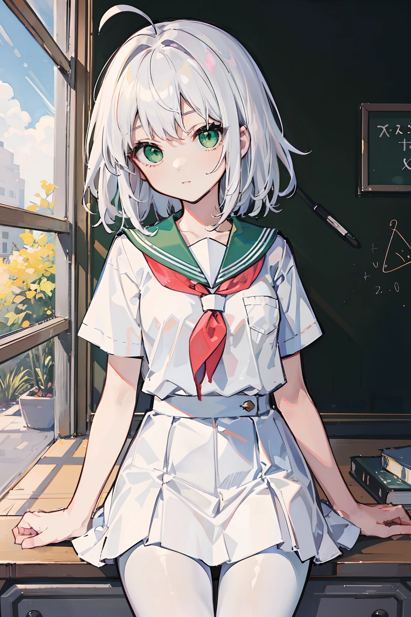 Masterpiece,Best quality,a beauty girl,Medium hair, White hair, ahoge, Green eyes, White pantyhose,school uniform