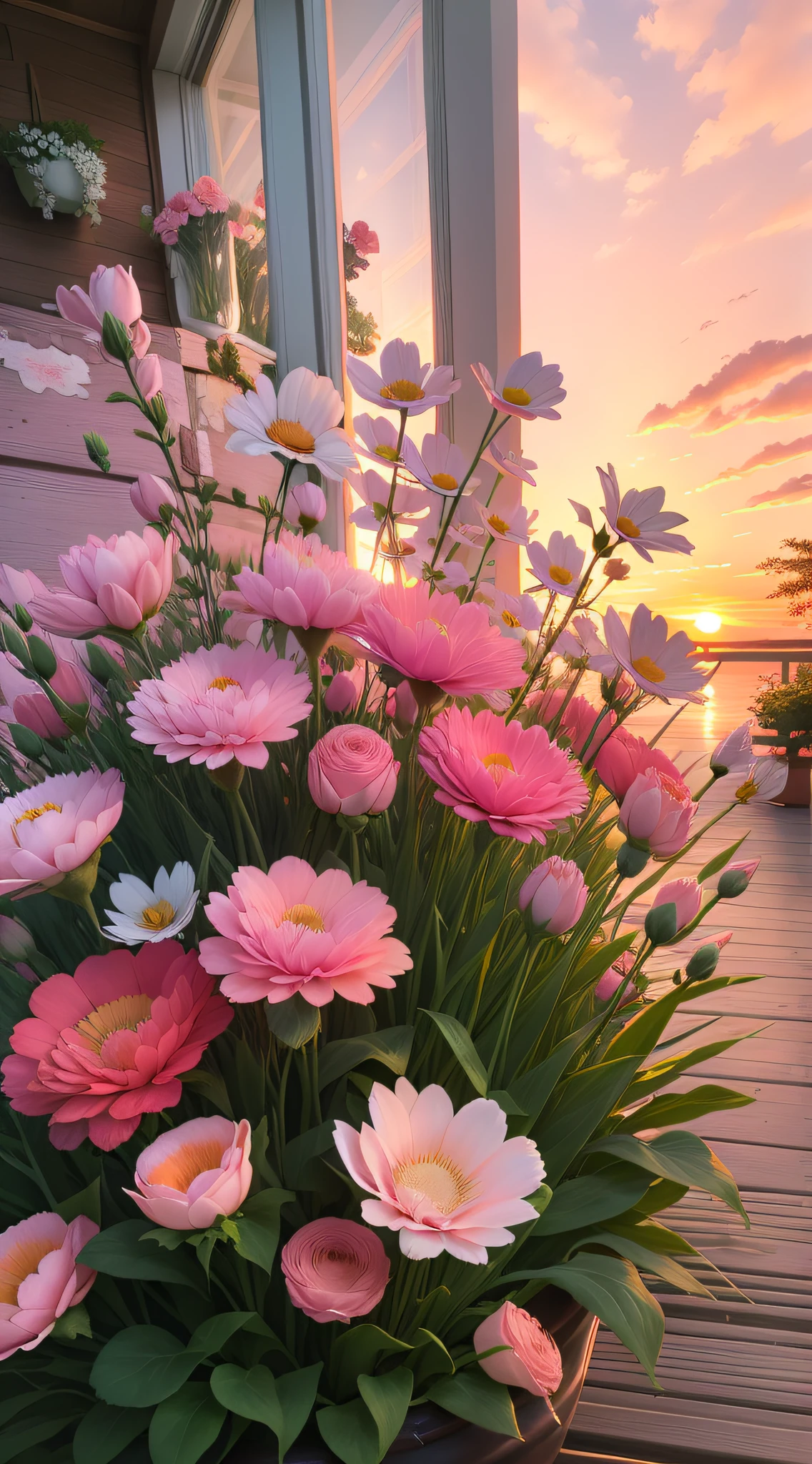 Flowers in a vase on the porch,The background is sunset, floral sunset, Beautiful flowers, Beautiful and aesthetic, pink golden hour, Pink flowers, an aesthetic field of flowers, 🌺 CGSesociety, with soft pink colors, Magical flowers, soft light 4 k in pink, Soft glow, Glowing flowers, beautiful aesthetic, pastel overflow, light pink tonalities