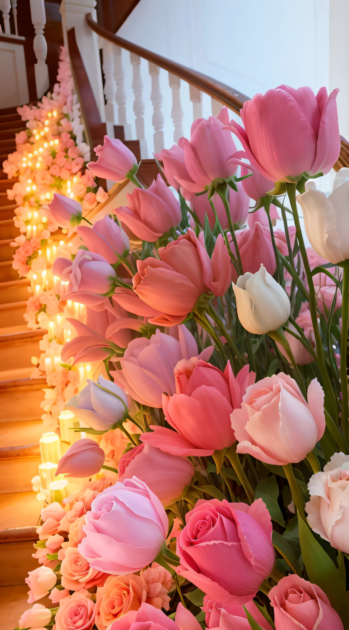 There are a lot of pink flowers on the stairs, Roses and tulips, light pink tonalities, lights with bloom, rose pink lighting, Glowing flowers, with soft pink colors, soft pink lights, Pink flowers, Soft glow, soft light 4 k in pink, lamps and flowers, glowing details!, pastel overflow, beautiful ambiance, glowing details, glowing neon flowers