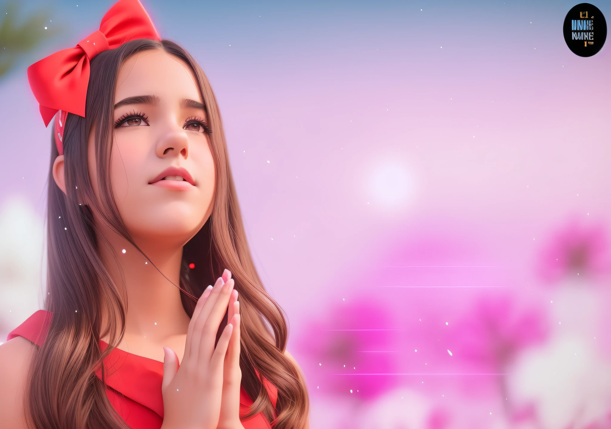Arafed girl in red dress with red bow and red bow on her head, videoclipe, Isabela Moner, background is celestial, Videoclipe oficial, Fanart, A cena mais bonita, ariana grande em gta v, sem palavras 4 k, nostalgic 8k, 4 mil'', still from a music video, Dafne Keen, Violeta Myers