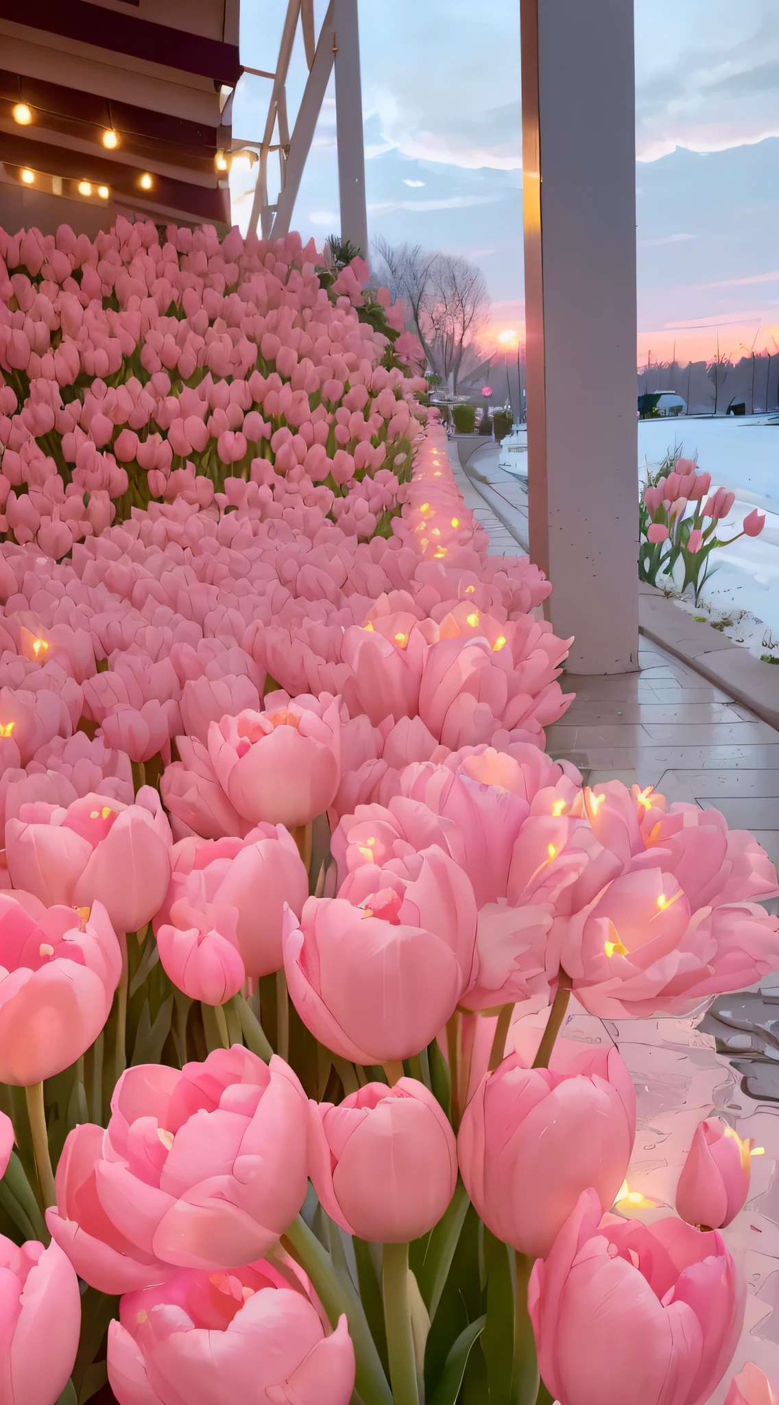 Many pink tulips grow on the ground, Beautiful and aesthetic, with soft pink colors, Soft glow, pastel overflow, soft light 4 k in pink, beautiful light up, Glowing flowers, pink golden hour, light pink tonalities, beautiful aesthetic, Pink flowers, dreamy and romantic, pink petals fly, lights with bloom, Pink petals, Beautiful setting