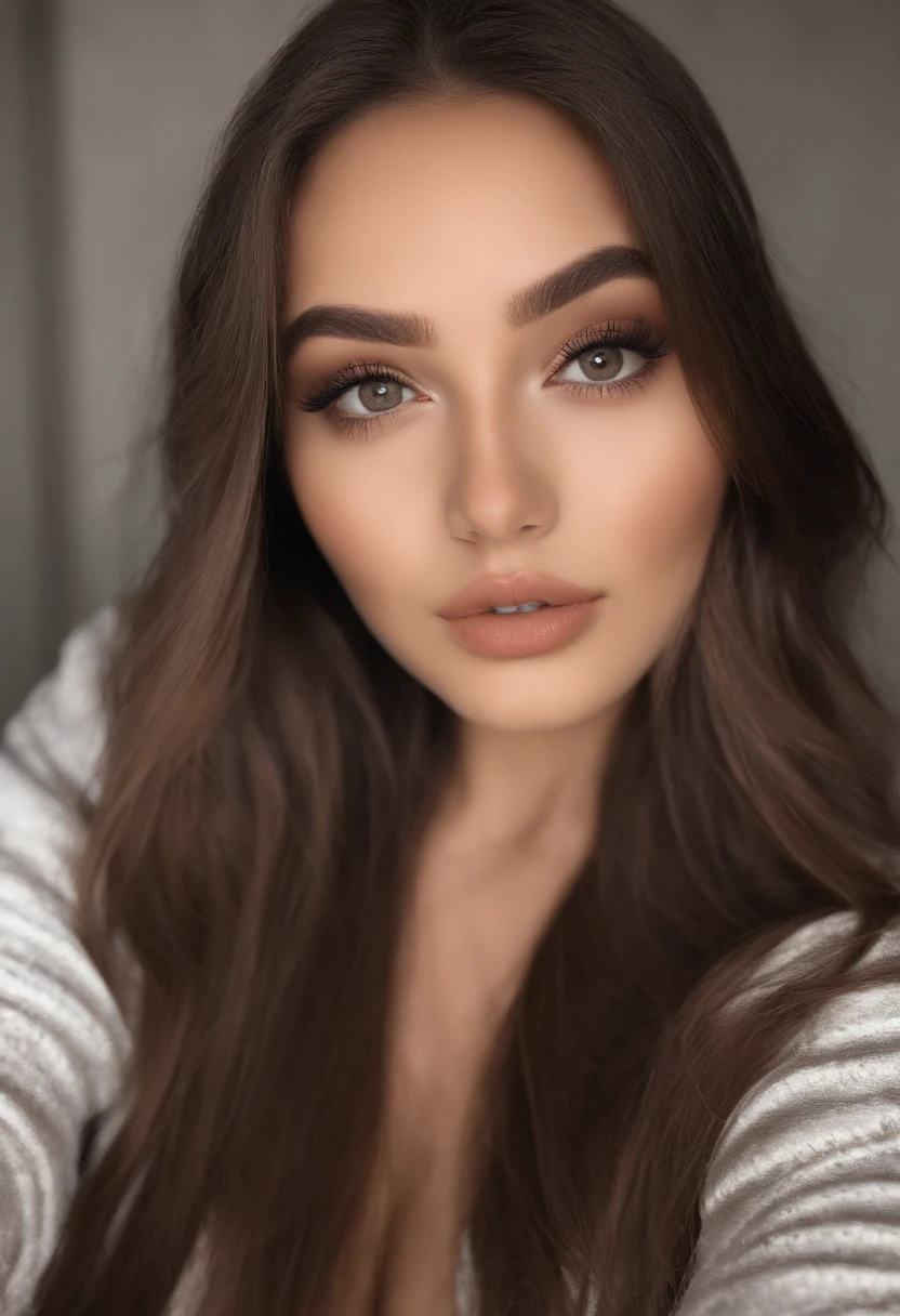 Arafed woman with black clothes, fille sexy aux yeux bruns, Masterpiece, Portrait Sophie Mudd, cheveux bruns et grands yeux, selfie of a young woman, Yeux de chambre, Violet Myers, sans maquillage, maquillage naturel, looking straight at camera, Visage avec Artgram, Maquillage subtil, Superbe photo du corps entier, dans la chambre, clivage, Asie de face