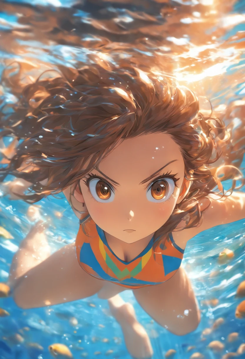 foreshortening,  Depth of field, Masterpiece, Best quality, 1girll, Brown hair, Brown eyes,  Long hair, Underwater, airbubble, Solo, view the viewer, School swim wear, Swimming,  Dappled sunlight,