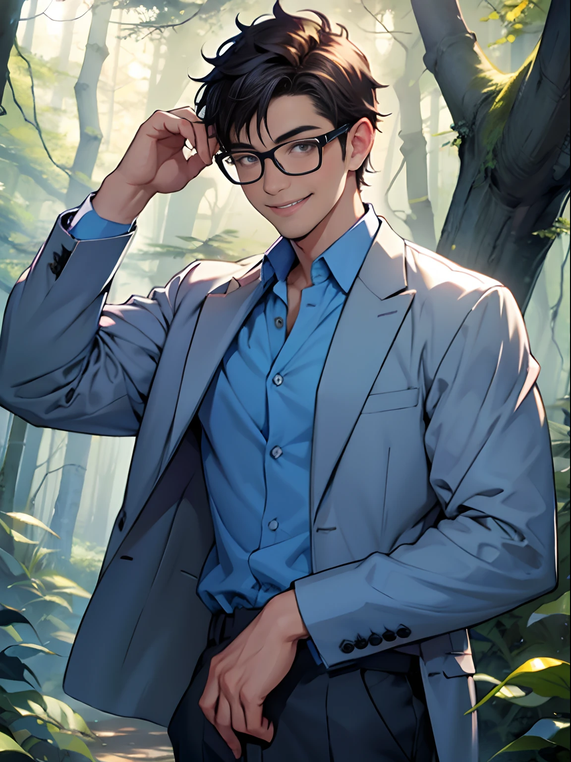 A boy,cute smile, glasses, formal shirt, pant, forest --auto