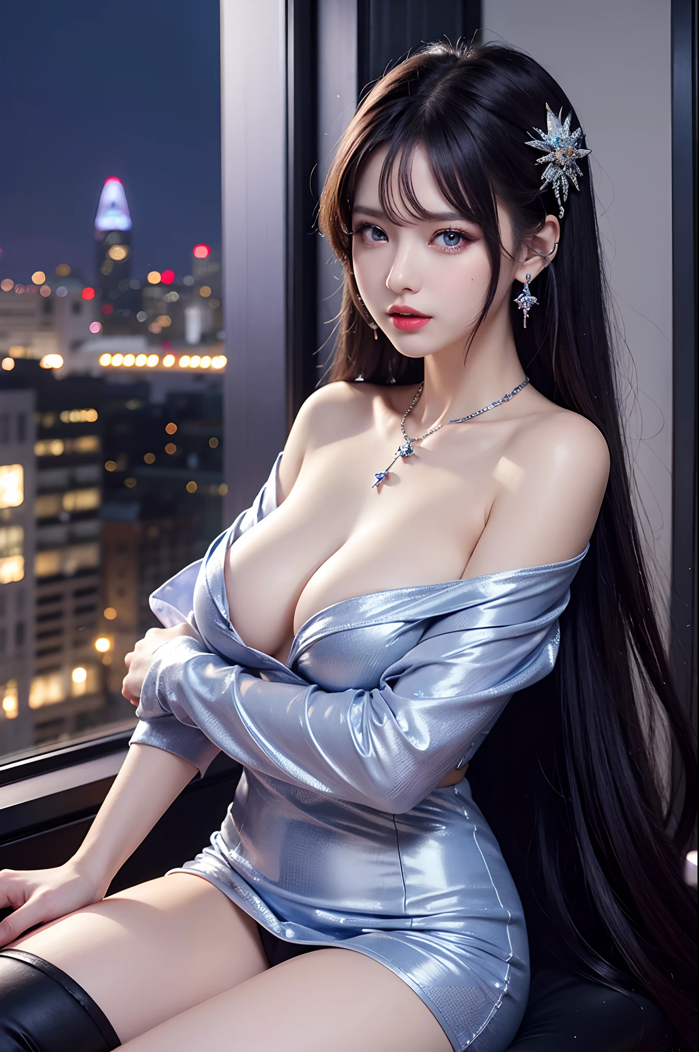 st. louis (luxurious wheels) (azur lane), hair ornament, portrait, silver dress, revealing clothes, necklace, blue nails, cityscape, night, rain, wet, (masterpiece:1.4),(best quality:1.4),realistic,fashi-girl,makeup,red lips,looking at viewer, solo,earrings,8k,best quality, masterpiece, purple eyes,beautiful light,background is a supercar, gorgeous face, NSFW, ALL BODY SHOT, MODEL, pa, LUXURIOUS CAR,