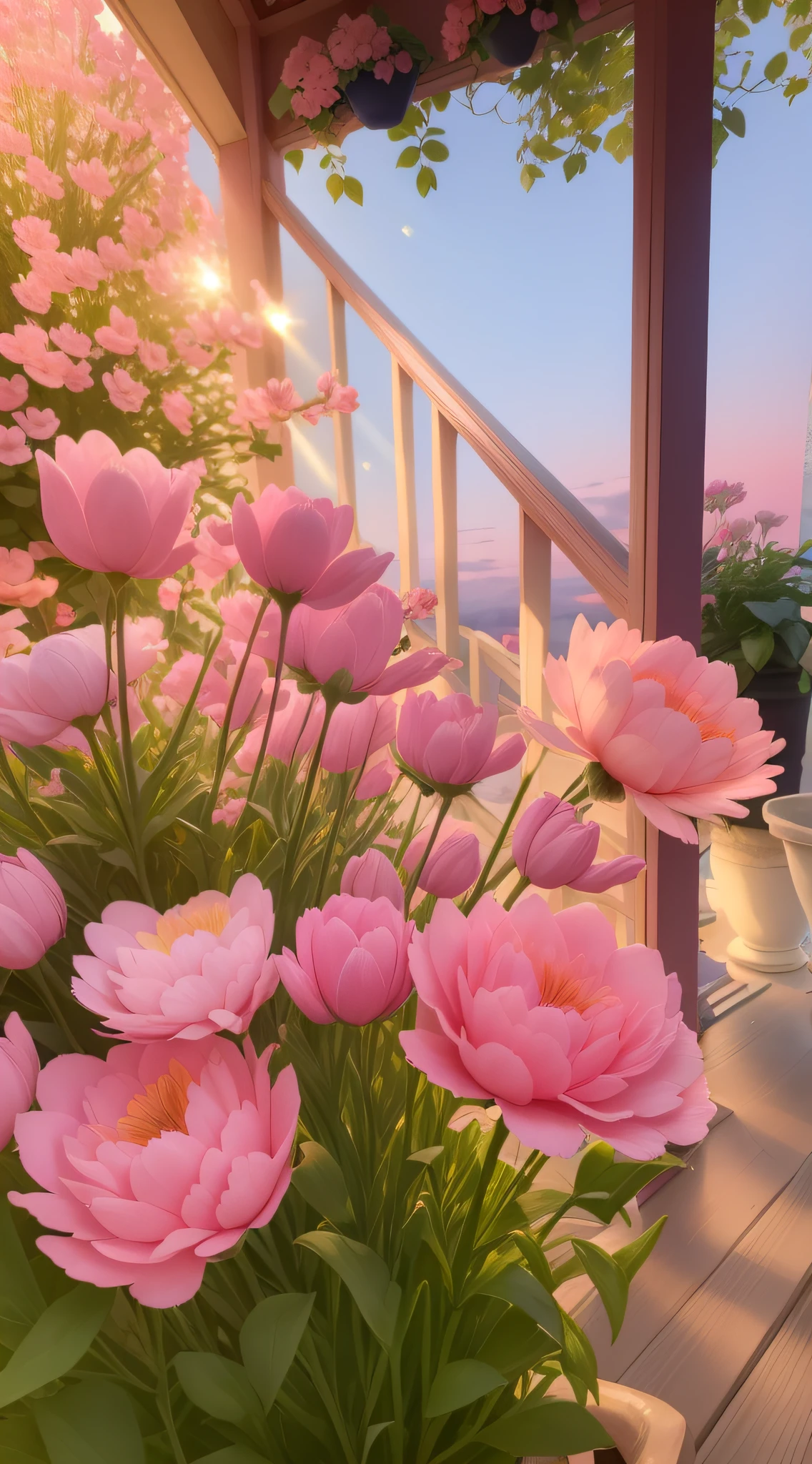 There are a lot of pink flowers in the vase on the porch, soft light 4 k in pink, with soft pink colors, Pink flowers, Beautiful and aesthetic, pastel overflow, beautiful ambiance, Glowing flowers, dreamy aesthetic, beautiful ambiance, pink golden hour, Soft glow, beautiful aesthetic design, light pink tonalities, Beautiful flowers, pink pastels, soft flowers