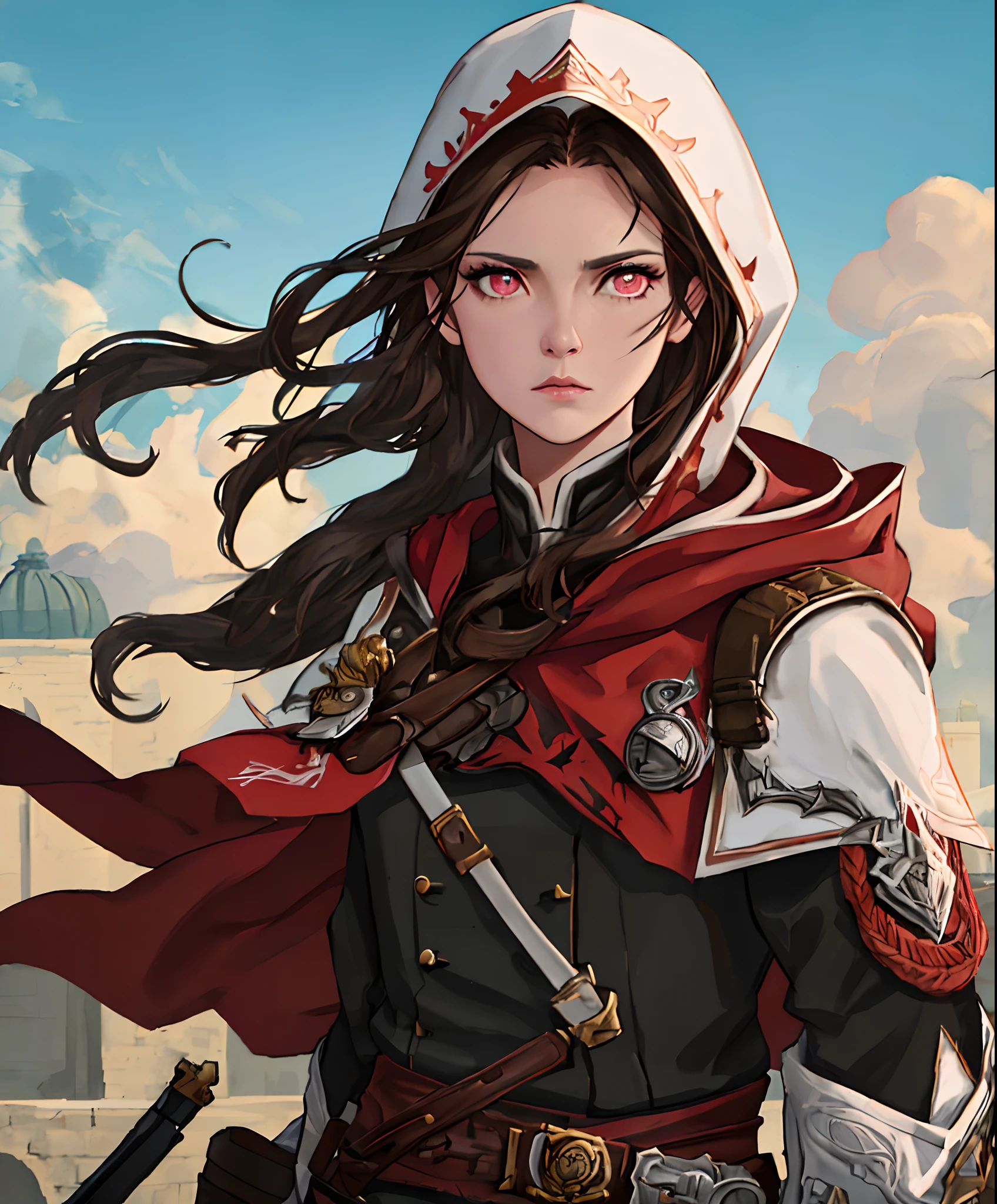 (absurdres, highres, ultra detailed), 1woman, mature female, aged up, wavy long hair, dark brown hair, pink eyes, bangs, long sleeves, finely detailed eyes and detailed face, extremely detailed CG unity 8k wallpaper, intricate details, portrait, (bloody scars:0.7), looking down, solo, upper body, detailed background, determined expression, assassins creed, assassin, hidden wrist-blade, black rugged assassin clothes, hood, capelet, small knives, revolutionary, dynamic pose, caribbean island setting, golden age of piracy, closed gate in background, dust, , portrait, wind swirling