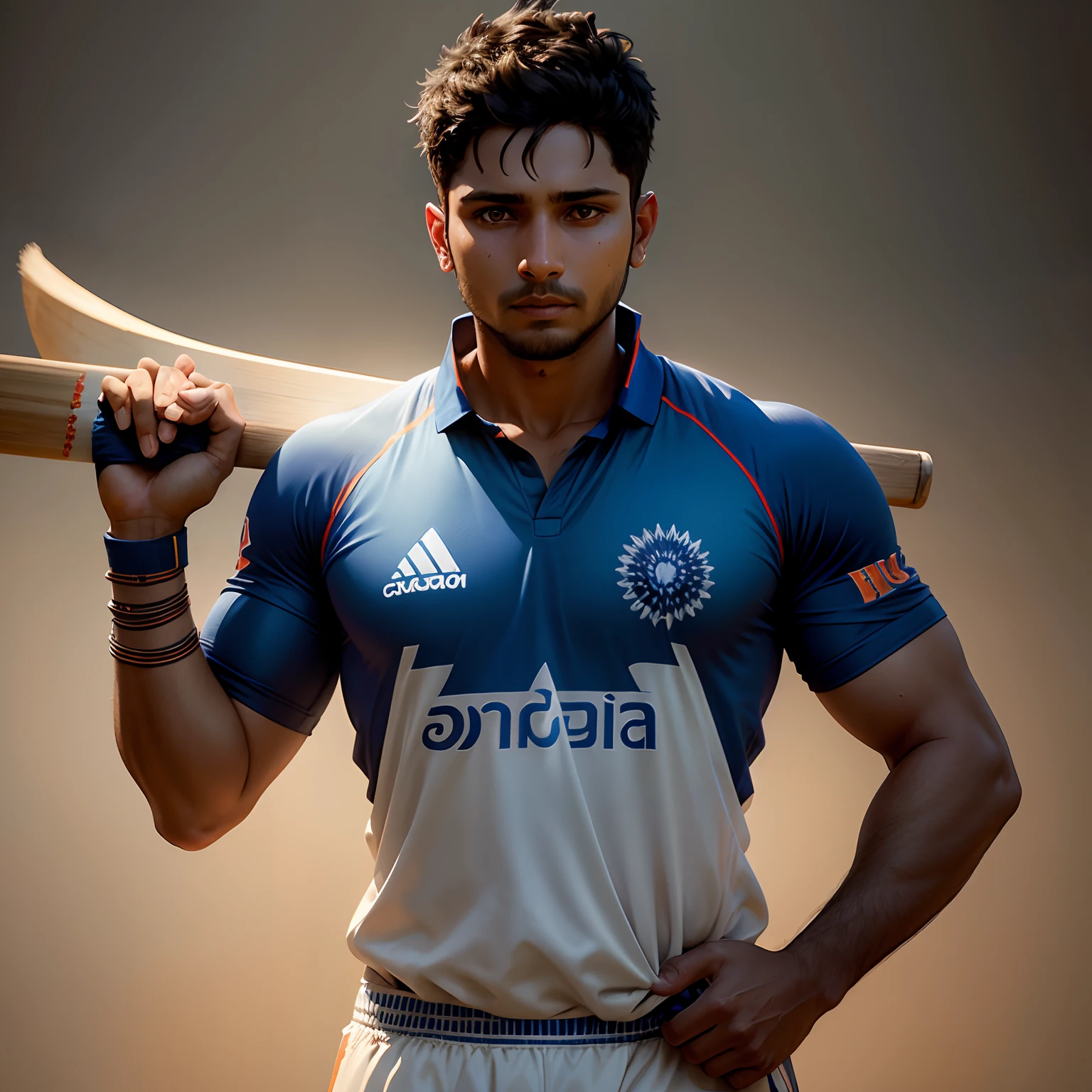 Kuldeep yadav indian cricket player,blue jersey,holding cricket bat, trending on artstation, sharp focus, studio photo, intricate details, highly detailed, by greg rutkowski
