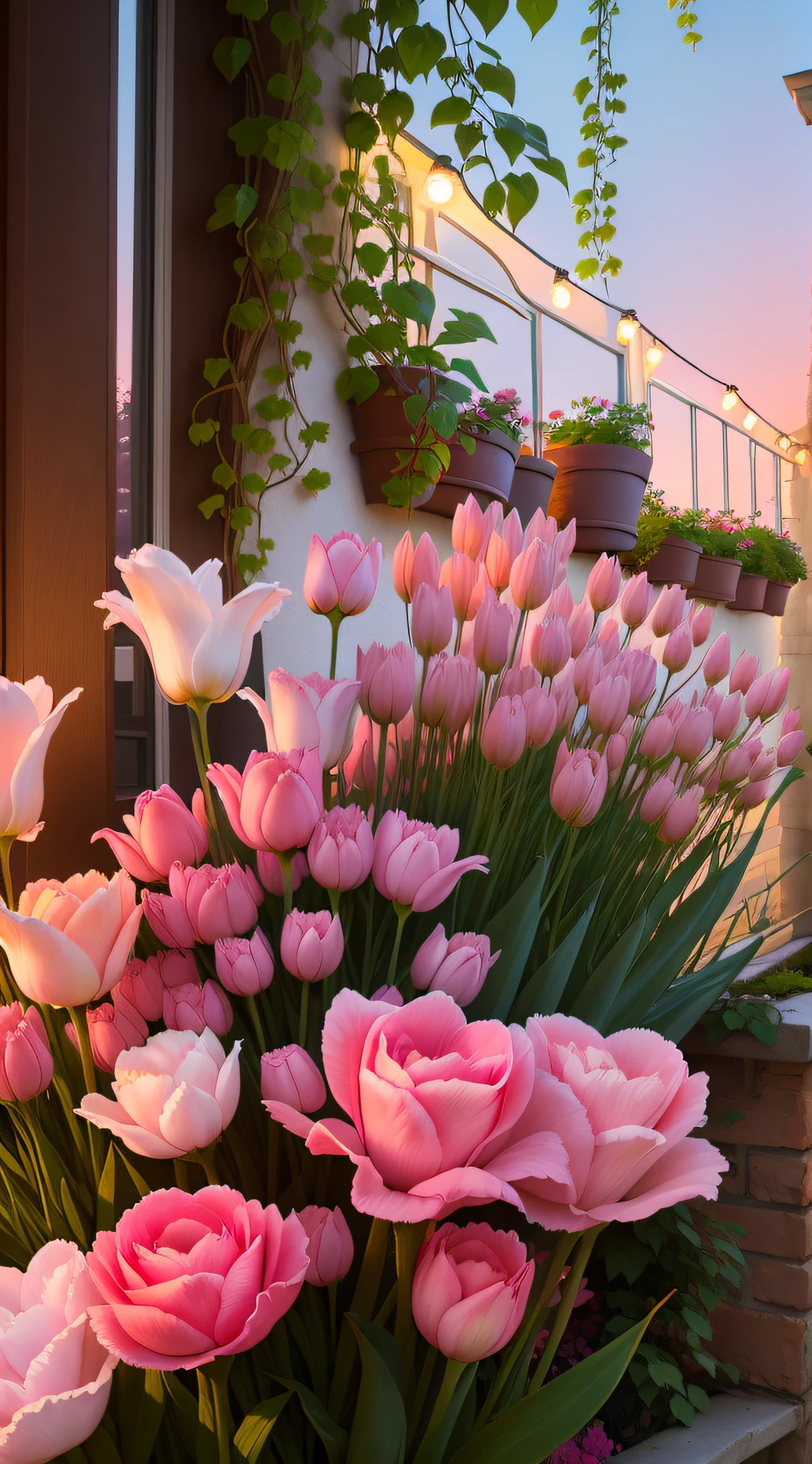 There are a lot of pink flowers in the pots on the windowsill, soft light 4 k in pink, Glowing flowers, pink golden hour, Pink flowers, lights with bloom, with soft pink colors, Beautiful and aesthetic, pink hues, in a cottagecore flower garden, Soft glow, spring evening, Beautiful flowers, Roses and tulips, soft evening lighting