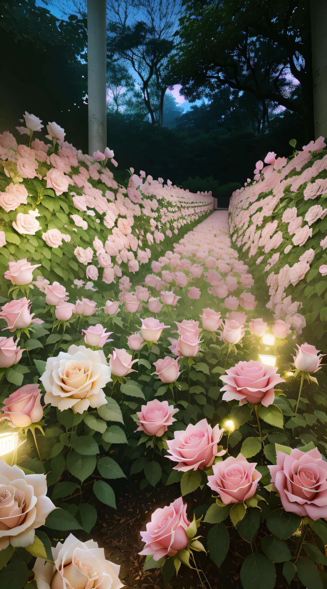 There are many pink roses in the leafy fields, rose pink lighting, Luminous flowers, Glowing flowers, an aesthetic field of flowers, beautiful aesthetic, soft bloom lighting, field of flowers at night, soft light 4 k in pink, soft white glow, lights with bloom, beautiful flowers growing, melanchonic rose soft light, surreal waiizi flowers, Rose garden
