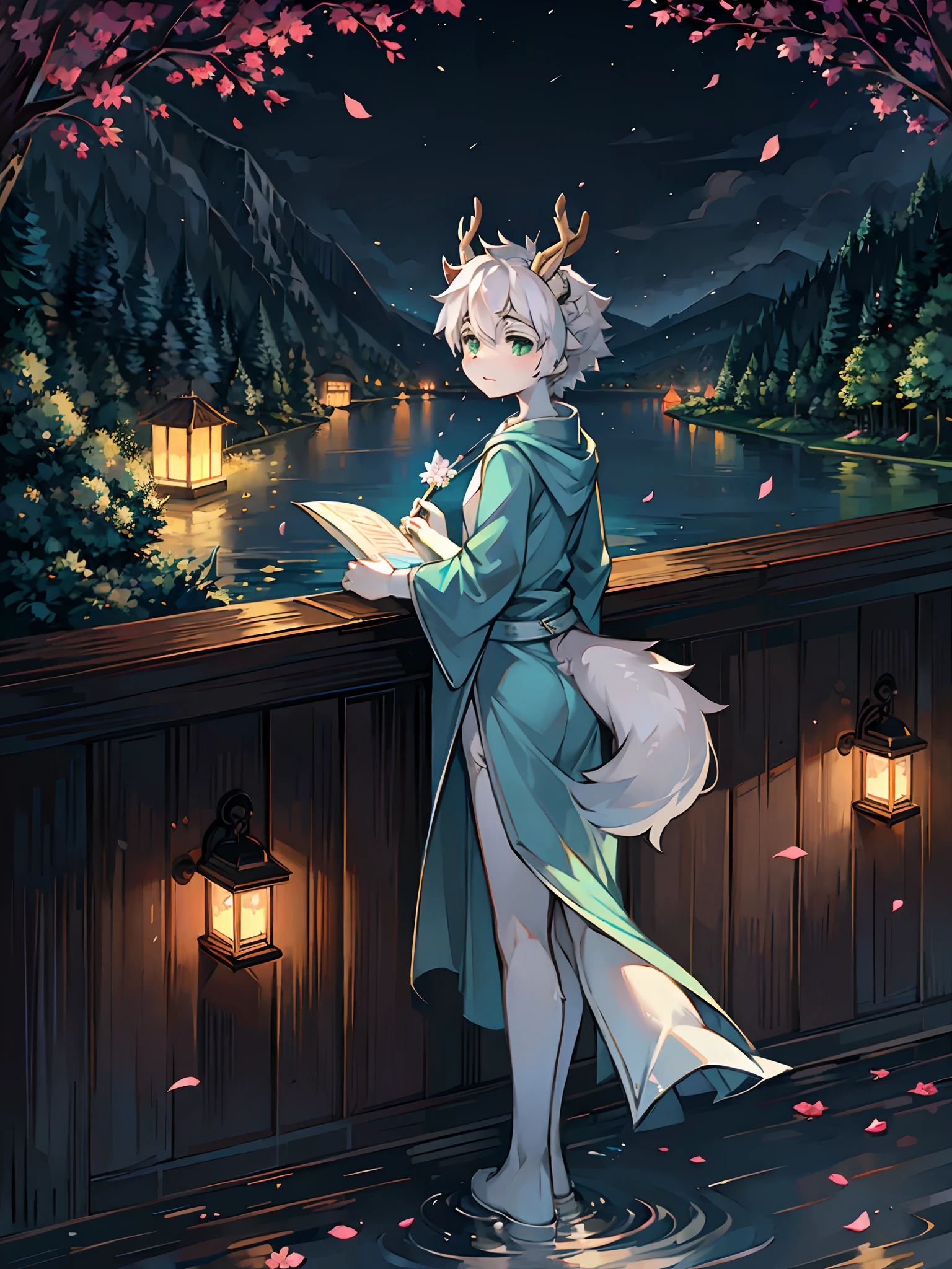 A white deer，long blue robes，Green eyes，deer antlers，River side，falling flower petals，It rained heavily，The tree，White petals，Lake Pavilion，Holding an umbrella，dark cloude，A sad look，veils，rainwater，Blue umbrella，White pear blossom tree，downpours，rain，holding folding fan，Paper lanterns floating on the surface of the river，River lamps