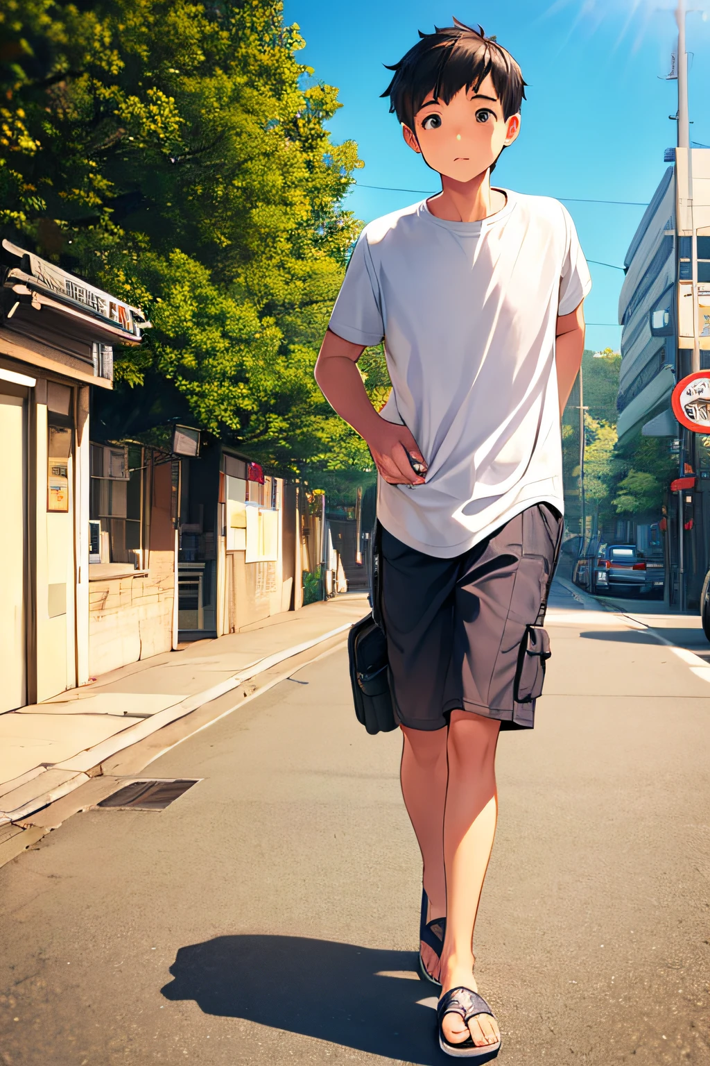 boy walking on the sidewalk,wearing plain white shirt,cargo shorts, flip flops,urban background,clear blue sky,vibrant atmosphere,calm stride,sunny weather,perspective from front