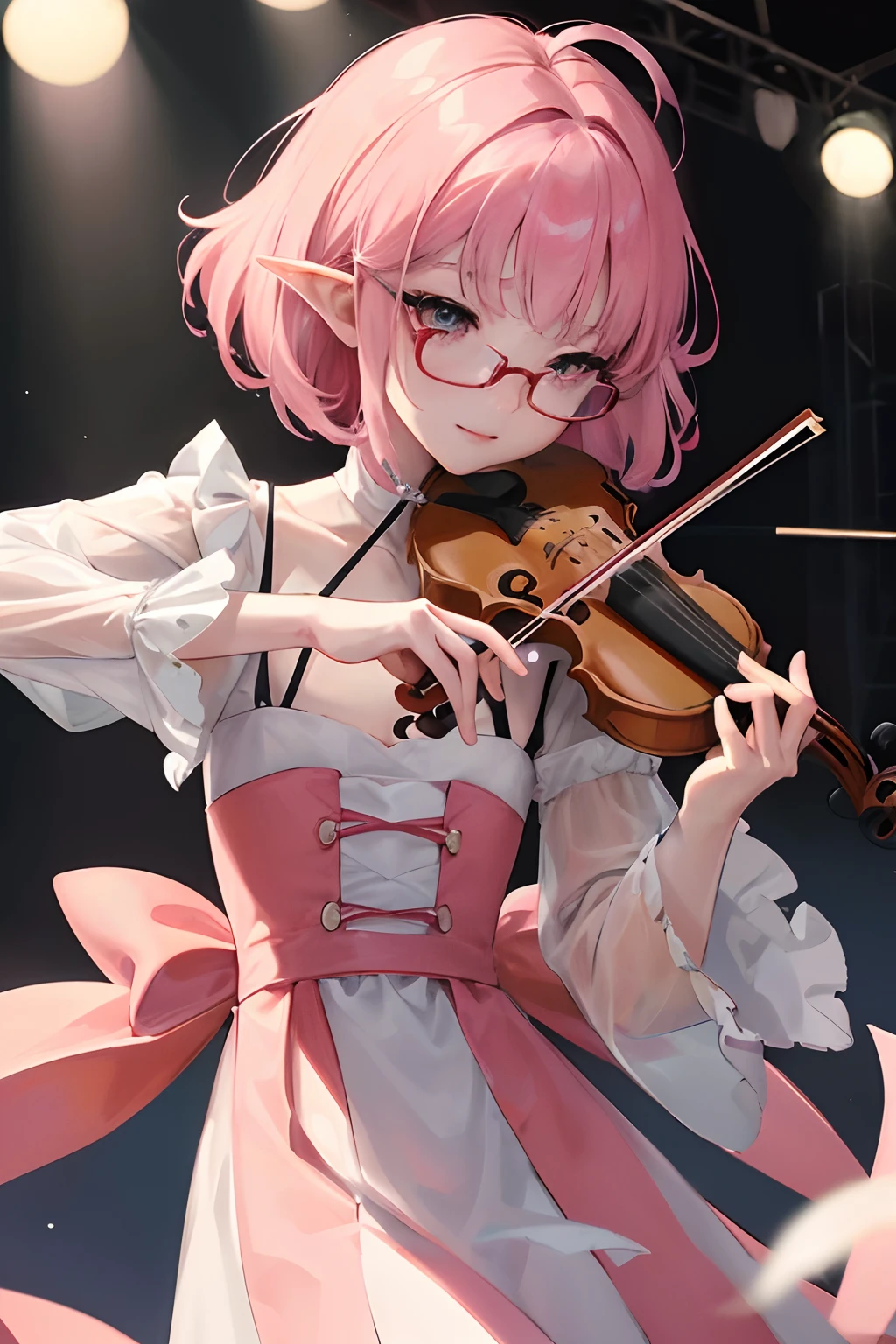 Outrageous resolution、masterpiece++、top-quality++、ultra-definition++、ultra-definition++、4K++、8K++、(((Violinist playing the violin while standing))),masterpiece、top-quality、Ultra Detail、, 1girl in,beautiful lighting、1girl with、Baby、、with round face、innocent smiles、(((3 year olds)))、(((toddlers)))、(((A lovely child)))、(((Toddler Girl)))、(((doress)))、(((Serious face)))、(((stage)))、childish、Small children、Height 70cm、A lovely child、Red glasses(((Red glasses)))、little blush、Young Face、Small children、girl with、kawaii、(shiny lip:1.1)、(beautidful eyes:1.1)、short-hair、bob cuts、Platinum Pink Hair、Red glasses、Platinum pink eyes、elf-ears、Well-formed face、flat chest、A smile、masutepiece、Best Quality、High resolution、Cowboy Shot、From Side、Pale skin staring at the viewer、Curve、Blunt bangs、lightsmile、stage,detailed beautiful faces、detailed shiny eyes、Detailed skin、full bodyBREAK、detaileds、realisitic、Highly detailed digital art in 4K、octan render、bio luminescent、BREAK8K Resolution Concept Art、真实感、Studio Map、masterpiece、top-quality、Official art、illustratio、ligne claire、(Cool_Color)、perfect-composition、absurderes、Fantasia、Focused、thirds rule