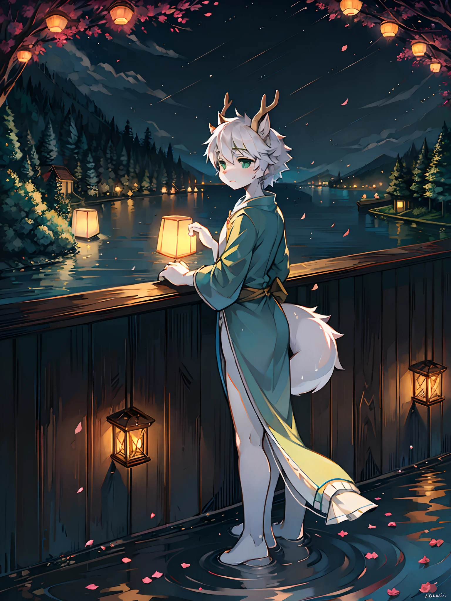 A white deer,long blue robes,Green eyes,deer antlers,River side,falling flower petals,It rained heavily,The tree,White petals,Lake Pavilion,Holding an umbrella,dark cloude,A sad look,veils,rainwater,Blue umbrella,White pear blossom tree,downpours,rain,holding folding fan,Paper lanterns floating on the surface of the river,River lamps