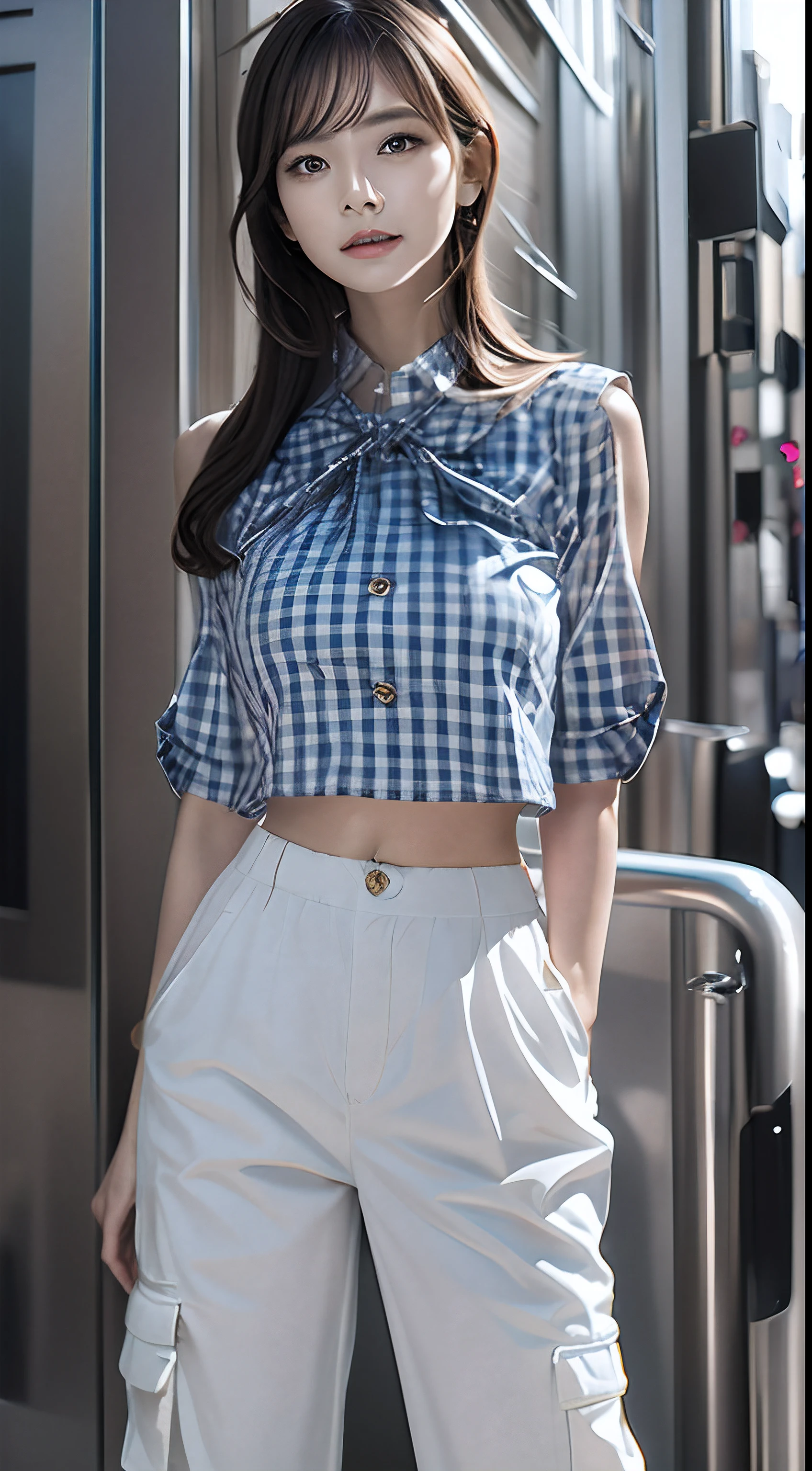 ((8K, top-quality, masterpiece, 8k high resolution, Photorealsitic:1.4,)), (Highly detailed facial and skin texture:1.5), (Original Photo, Lighting: 1:1), BREAK detailed reflecting eyes by professional digital painting, beautiful pretty cute small face, BREAK 1girl, solo, (gingham check balloon-sleeved blouse), (white Cargo pants:1.5), Ribbon platform sneakers