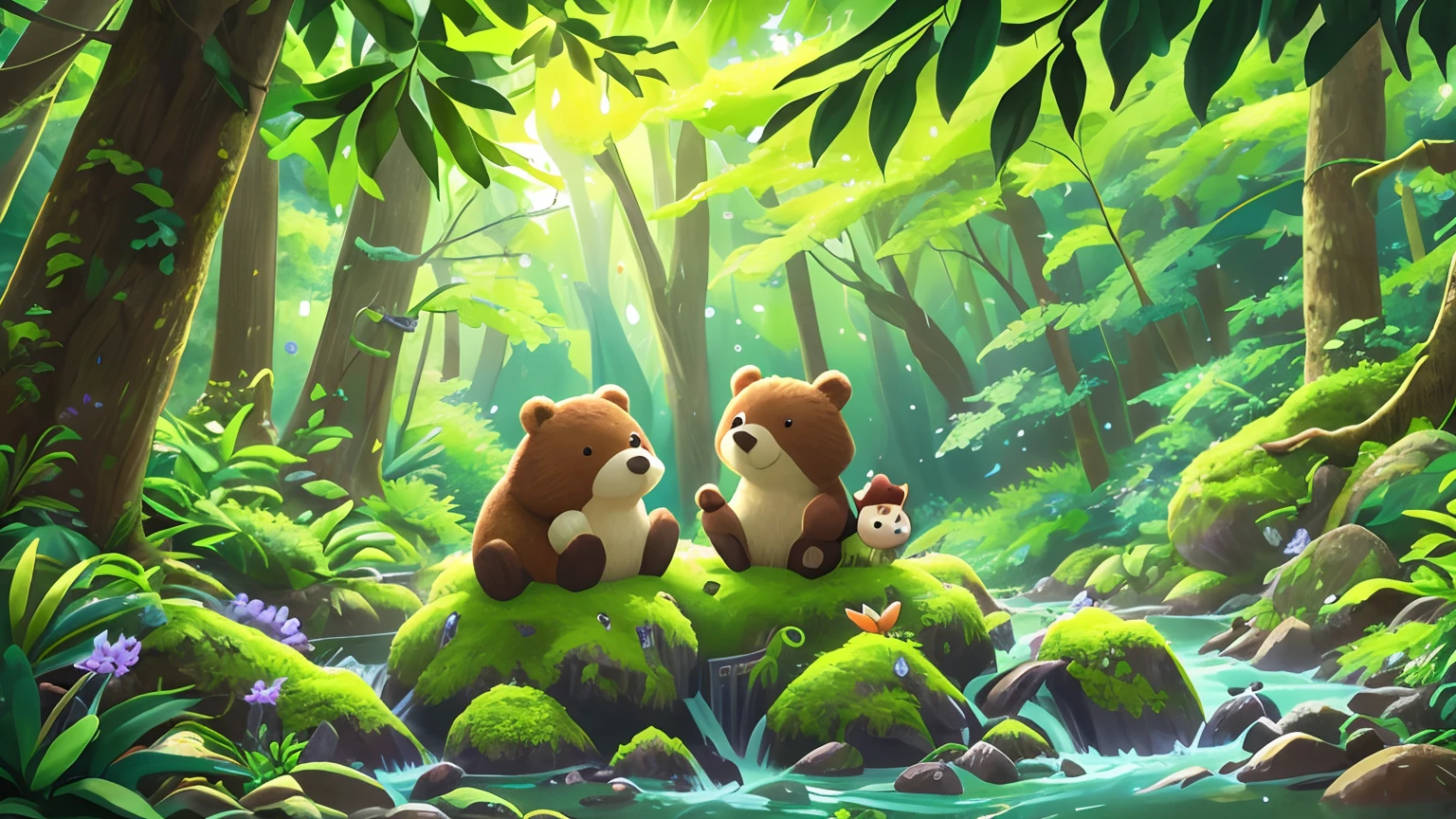 Among the forest, bear, Barbie teddy bear, happy, living, friends, nature, lush green, vibrant colors, playful, joyful, peaceful, serene, harmonious, wooden house, cozy, warm, sunlight, streaming through the leaves, soft breeze, singing birds, chirping sounds, dancing butterflies, blue sky, fluffy clouds, blooming flowers, tall trees, dense foliage, moss-covered rocks, clear river, sparkling water, tranquility, hidden gems, adventure, exploration, laughter, friendship, love, togetherness, eternal happiness, magical. (best quality, 4k, highres), ultra-detailed, (realistic:1.37), portraits, vivid colors, natural lighting.